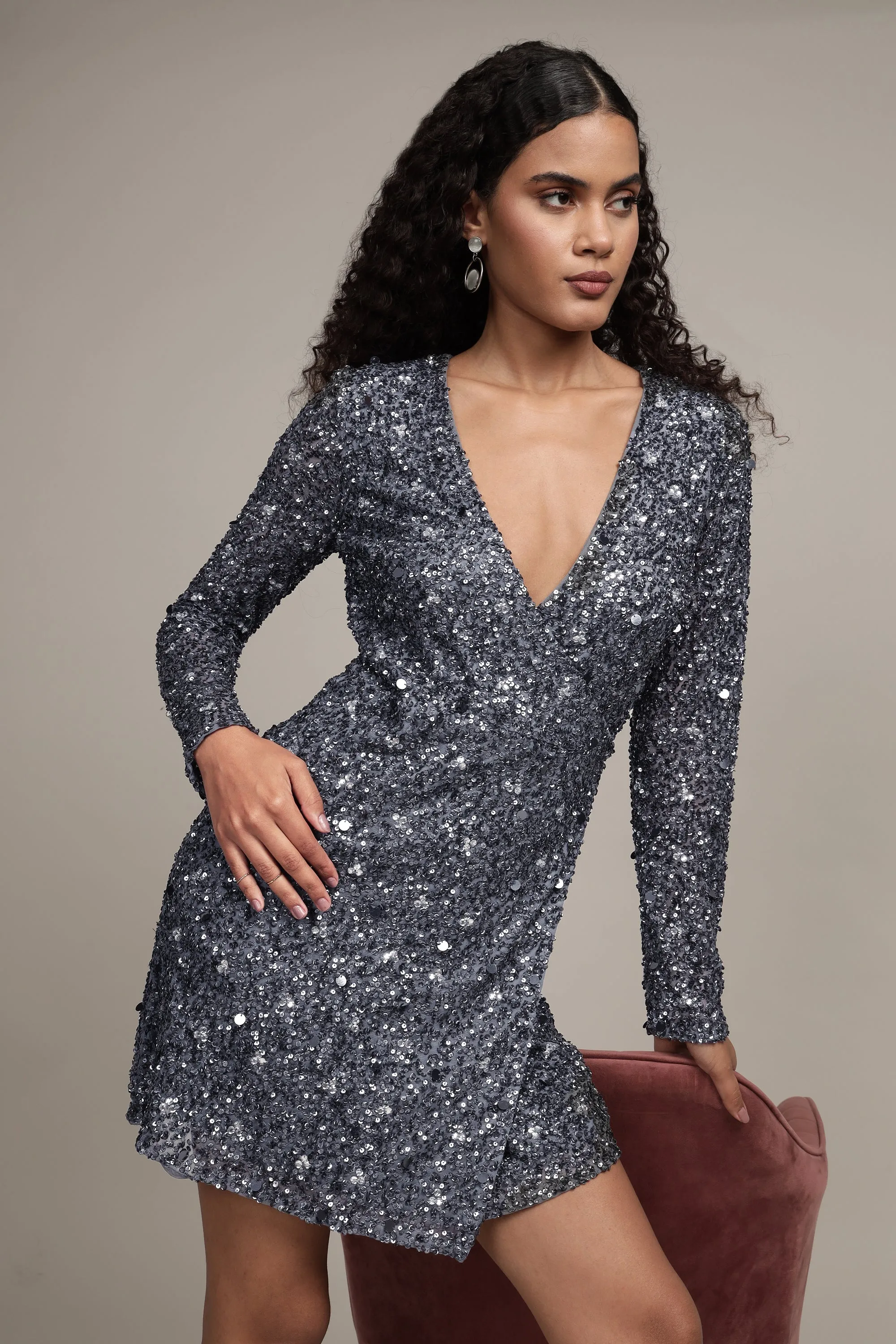 Gwen Grey Long Sleeve Embellished Mini Dress