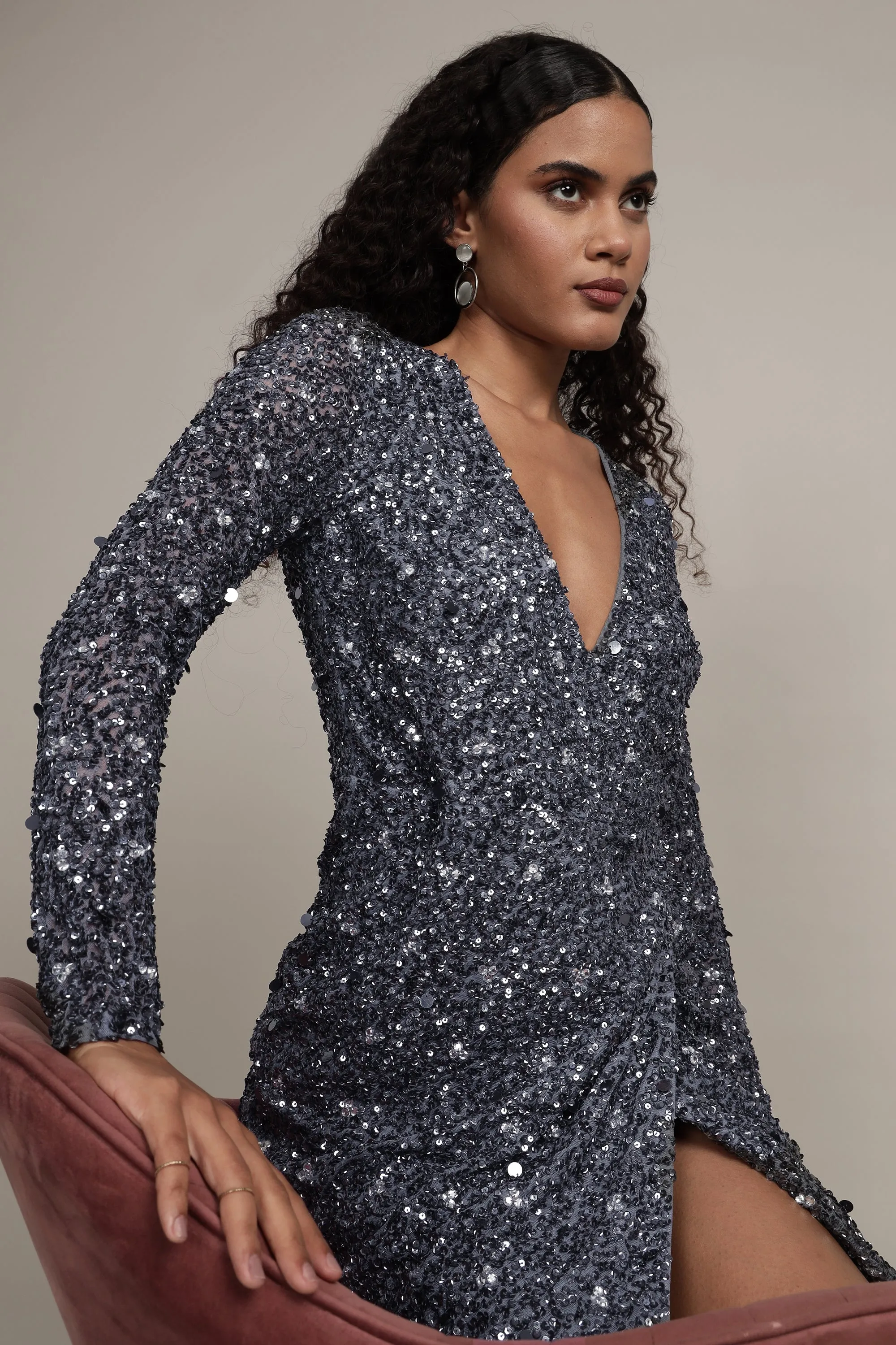 Gwen Grey Long Sleeve Embellished Mini Dress