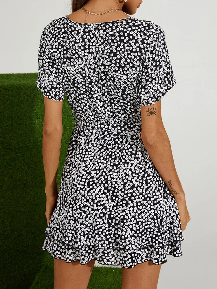 Holiday Floral Print V-neck Ruffle Summer Short Sleeve Casual Women Midi Dress