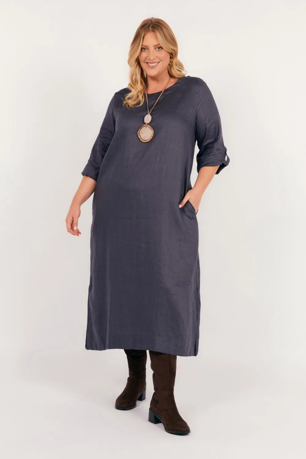Jarla Linen Midi Dress in Charcoal