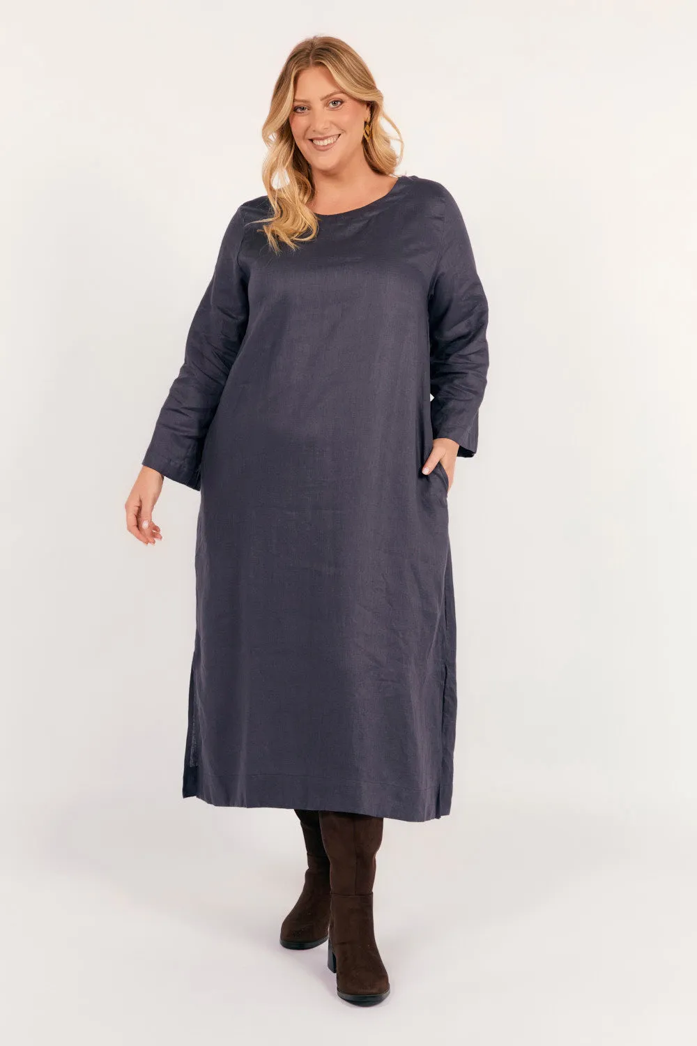 Jarla Linen Midi Dress in Charcoal