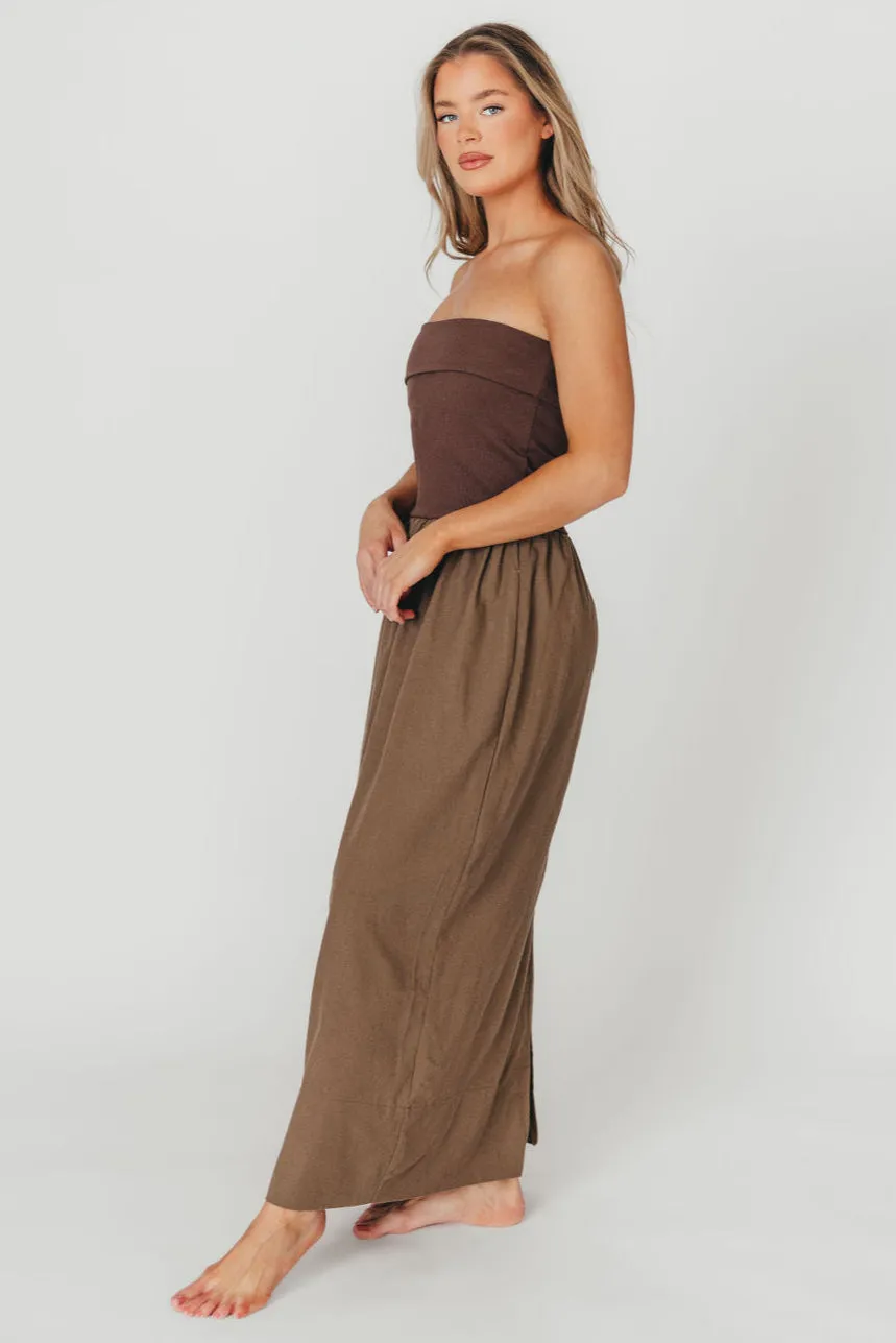Kaylee Linen and Ribbed Knit Maxi Dress in Mocha