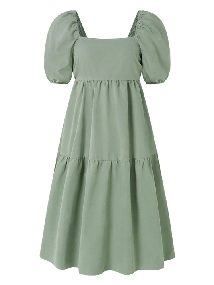 Leisure Puff Sleeve Back Tie Split Stitching Summer Loose Women Midi Dress