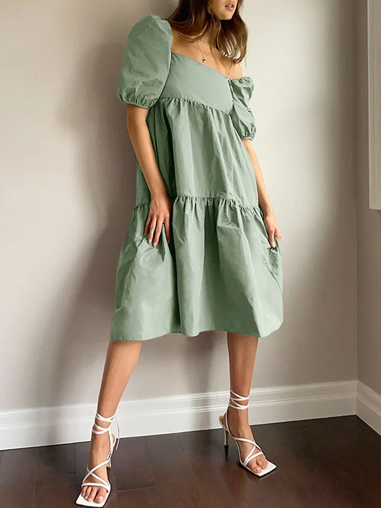 Leisure Puff Sleeve Back Tie Split Stitching Summer Loose Women Midi Dress