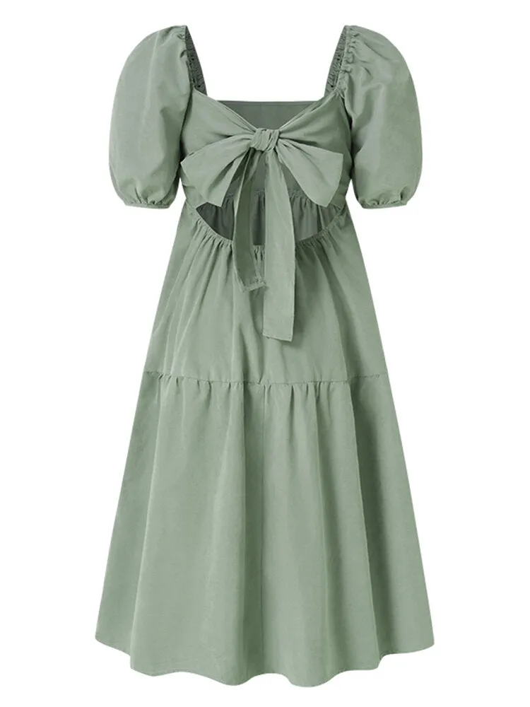 Leisure Puff Sleeve Back Tie Split Stitching Summer Loose Women Midi Dress