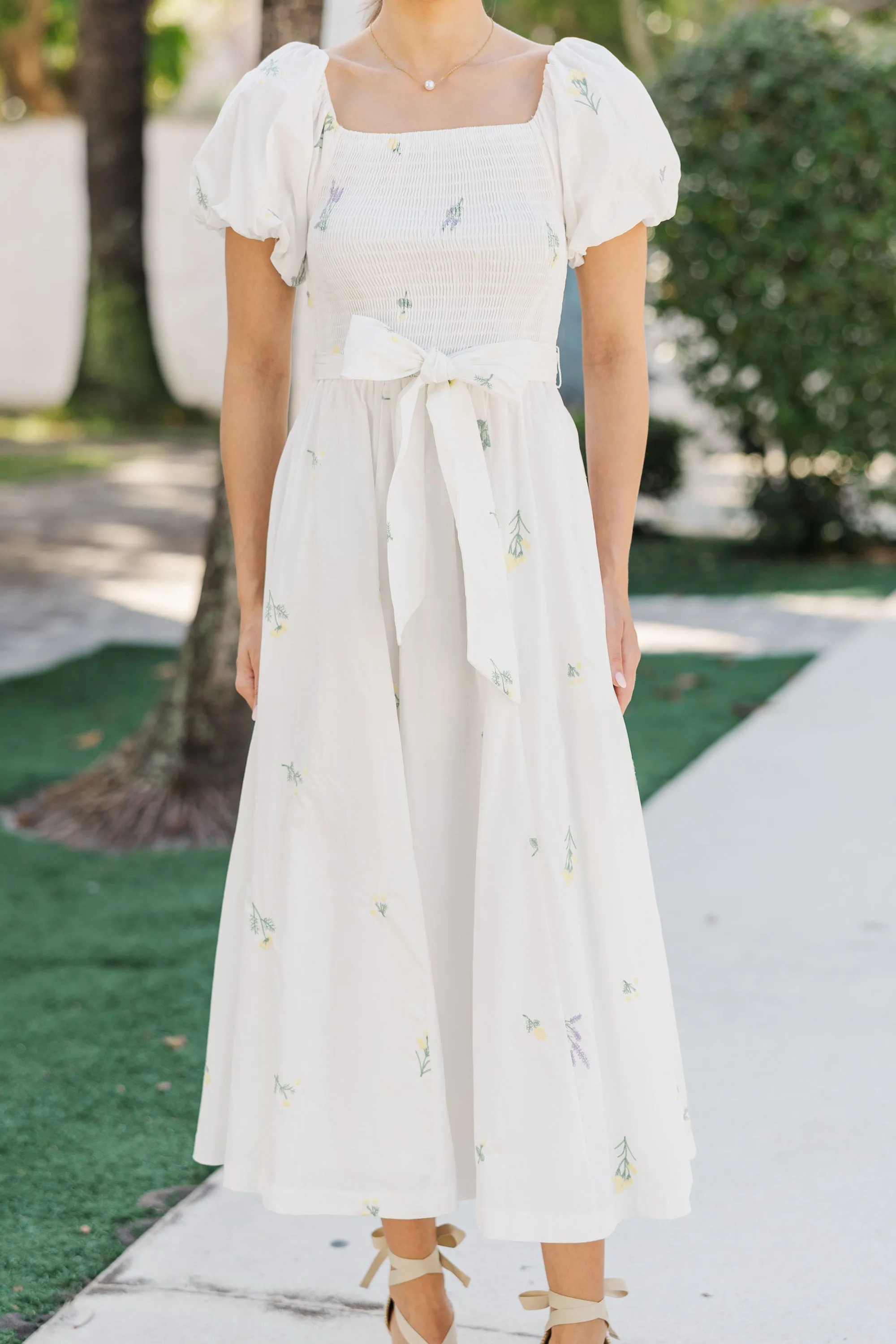 Lily Blossom White Embroidered Midi Dress