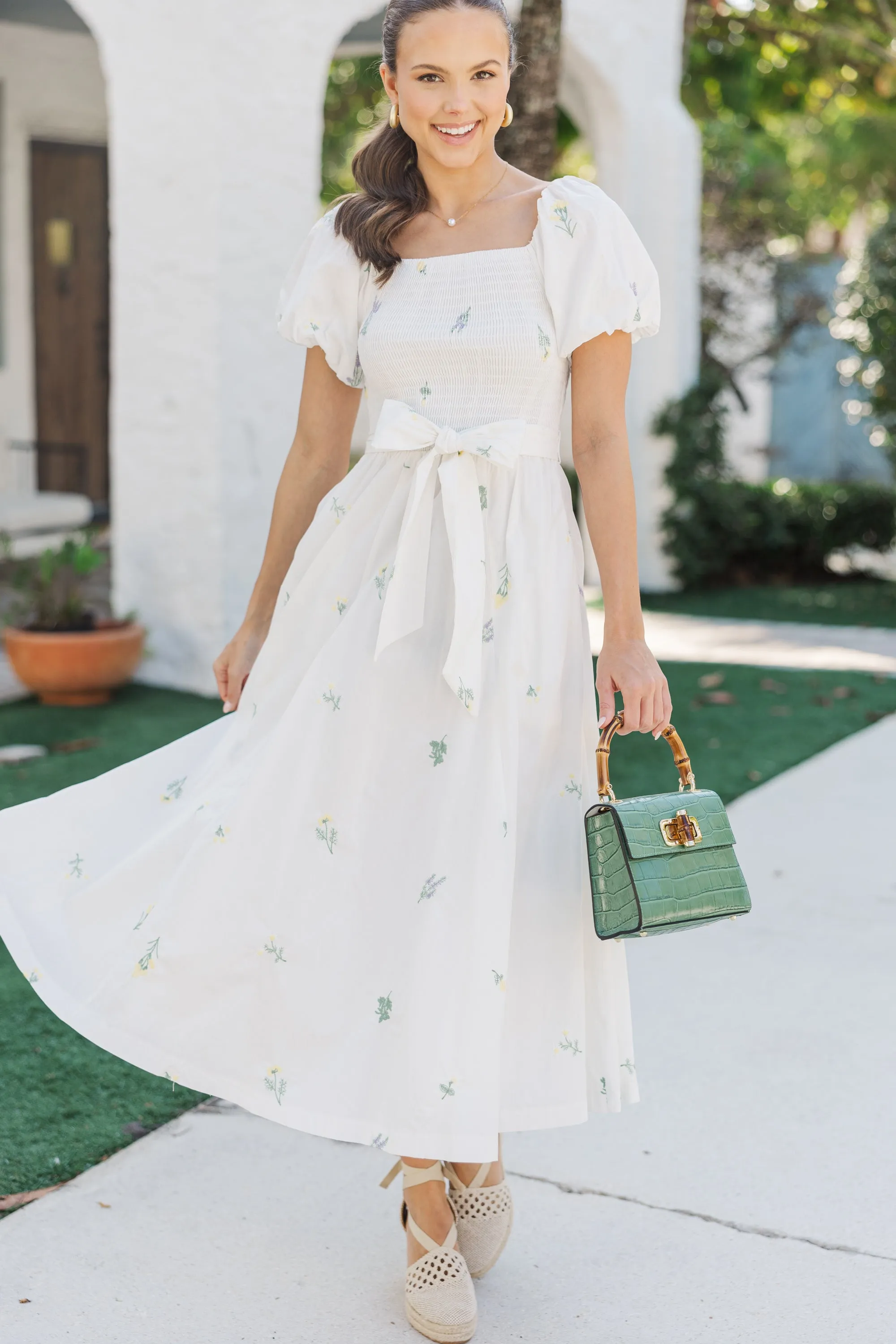 Lily Blossom White Embroidered Midi Dress