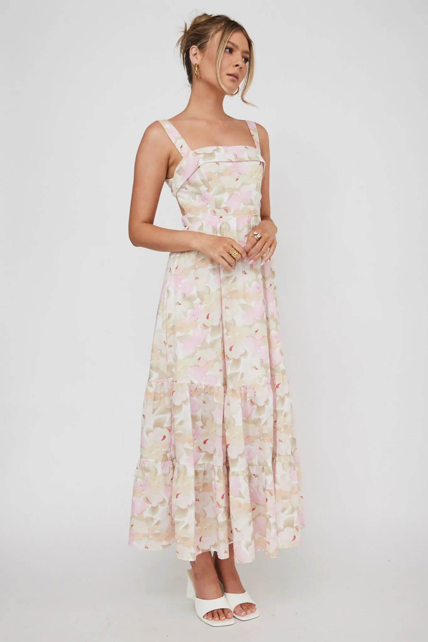Lisseth Foldover Neckline Midi Dress Floral Pink