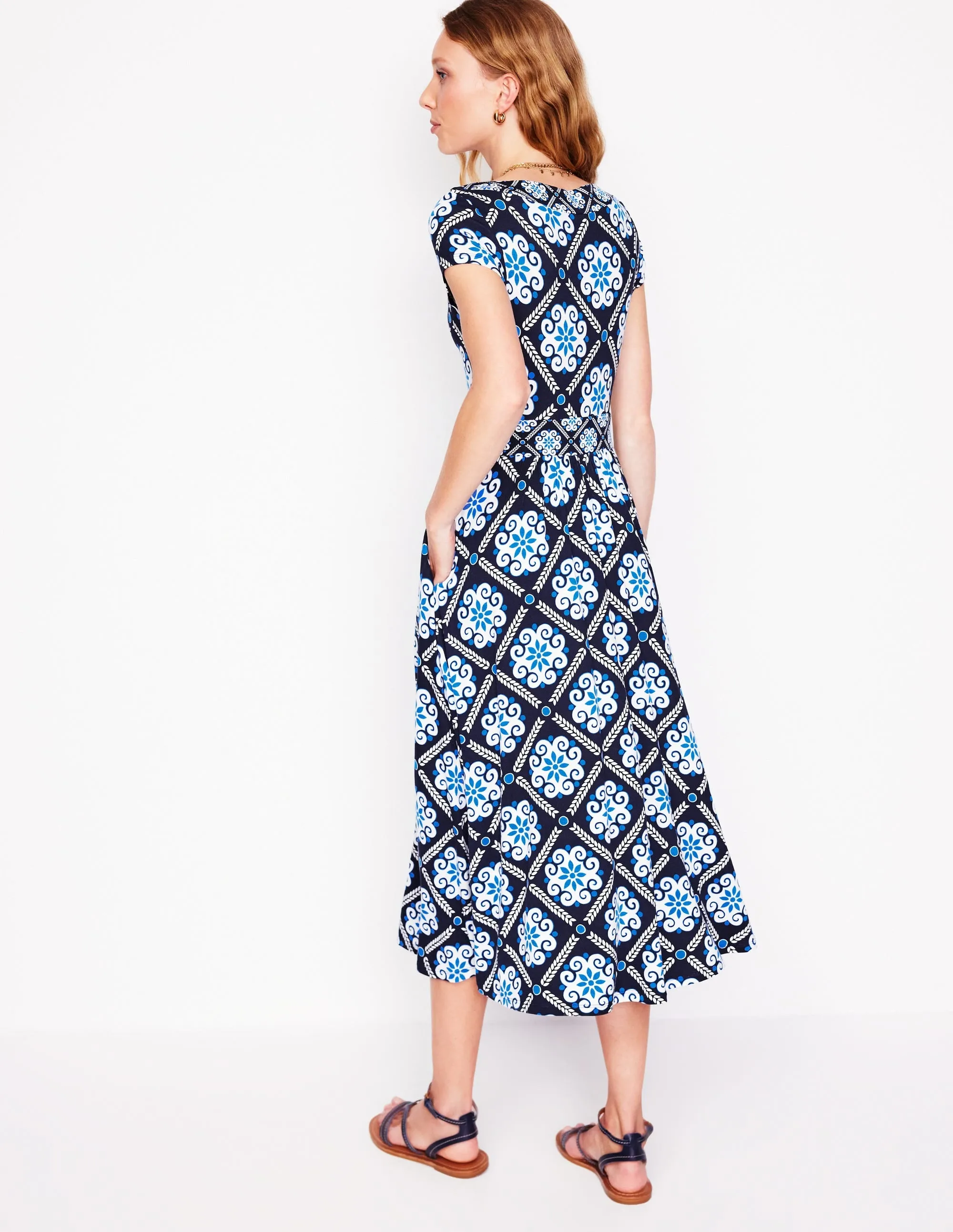 Melanie Jersey Midi Dress-French Navy. Baroque Tile