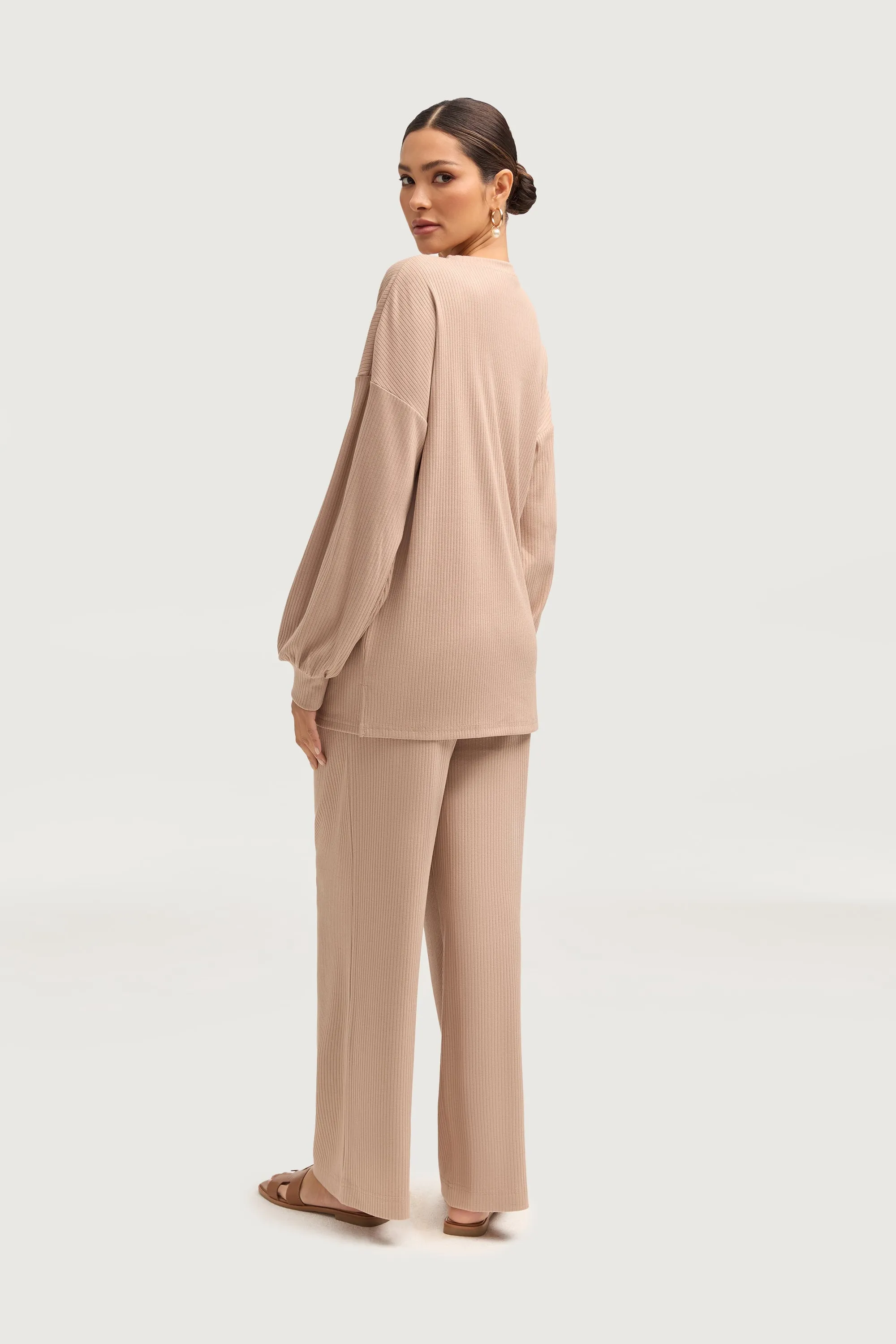 Mona Ribbed Top & Pants Matching Set - Chai