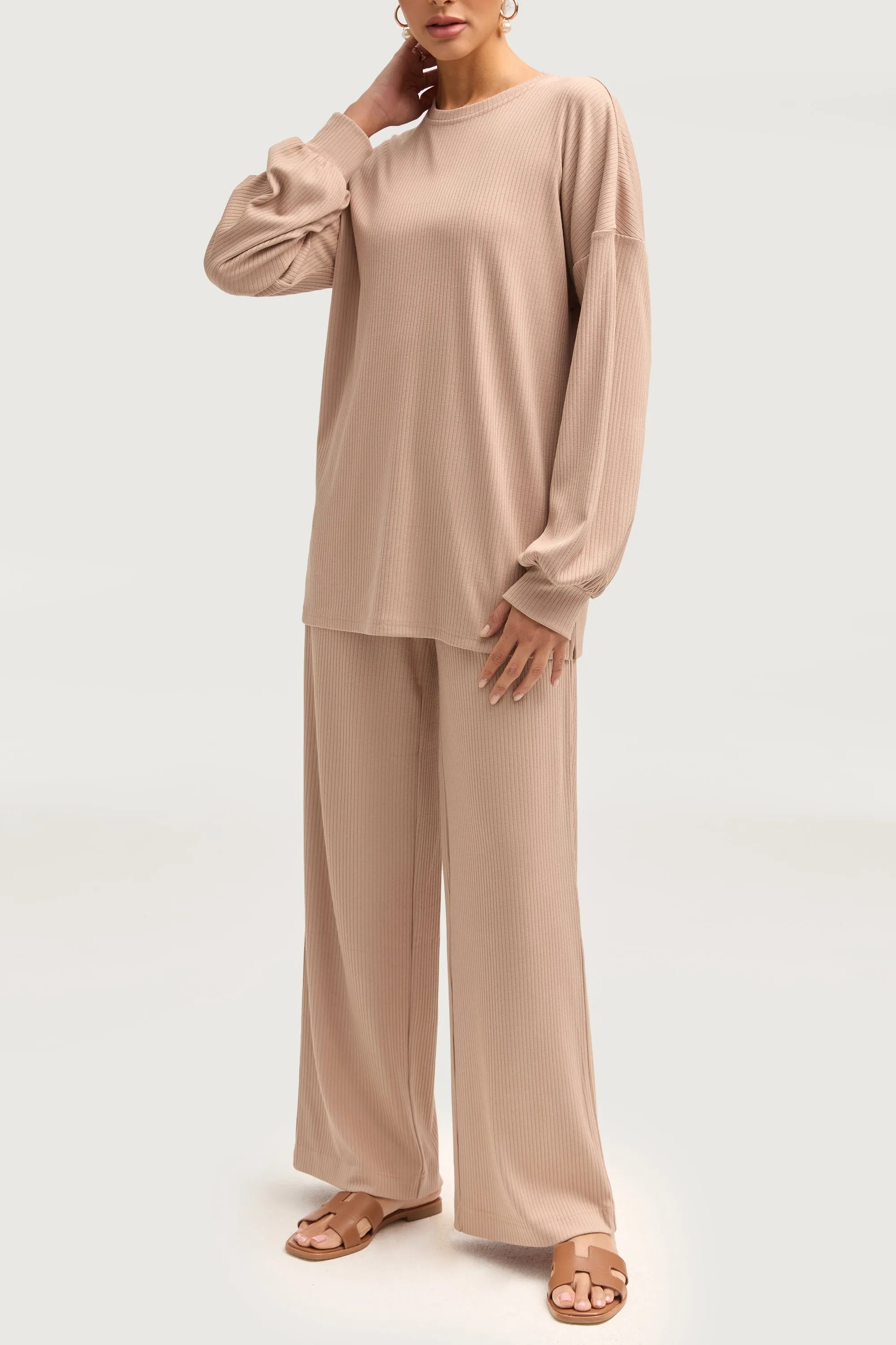Mona Ribbed Top & Pants Matching Set - Chai