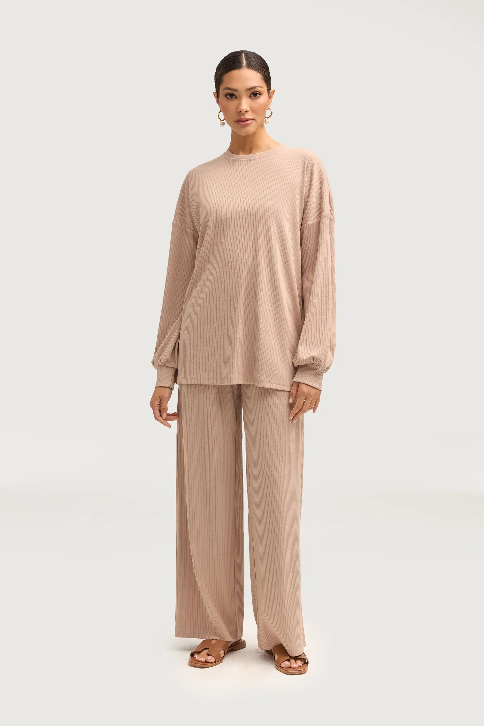 Mona Ribbed Top & Pants Matching Set - Chai