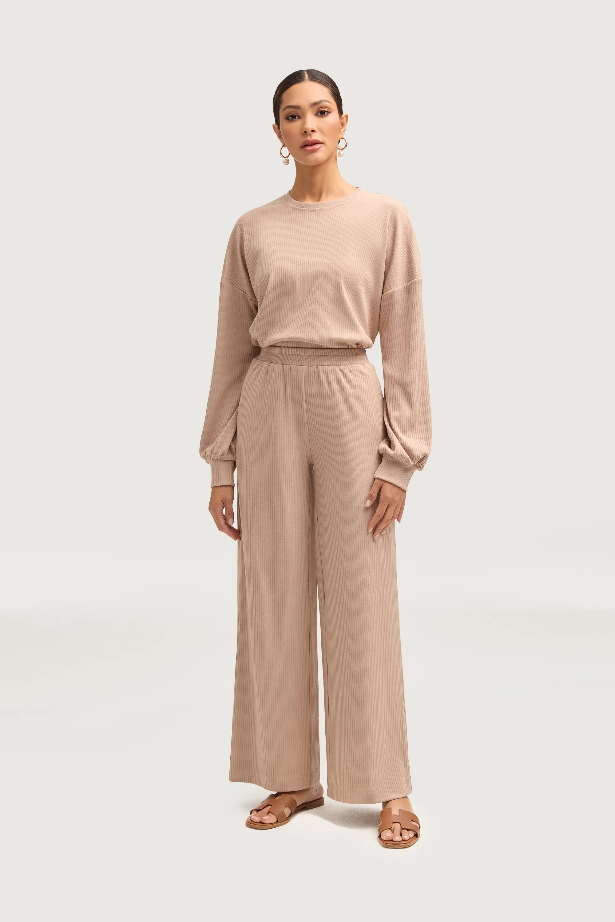 Mona Ribbed Top & Pants Matching Set - Chai