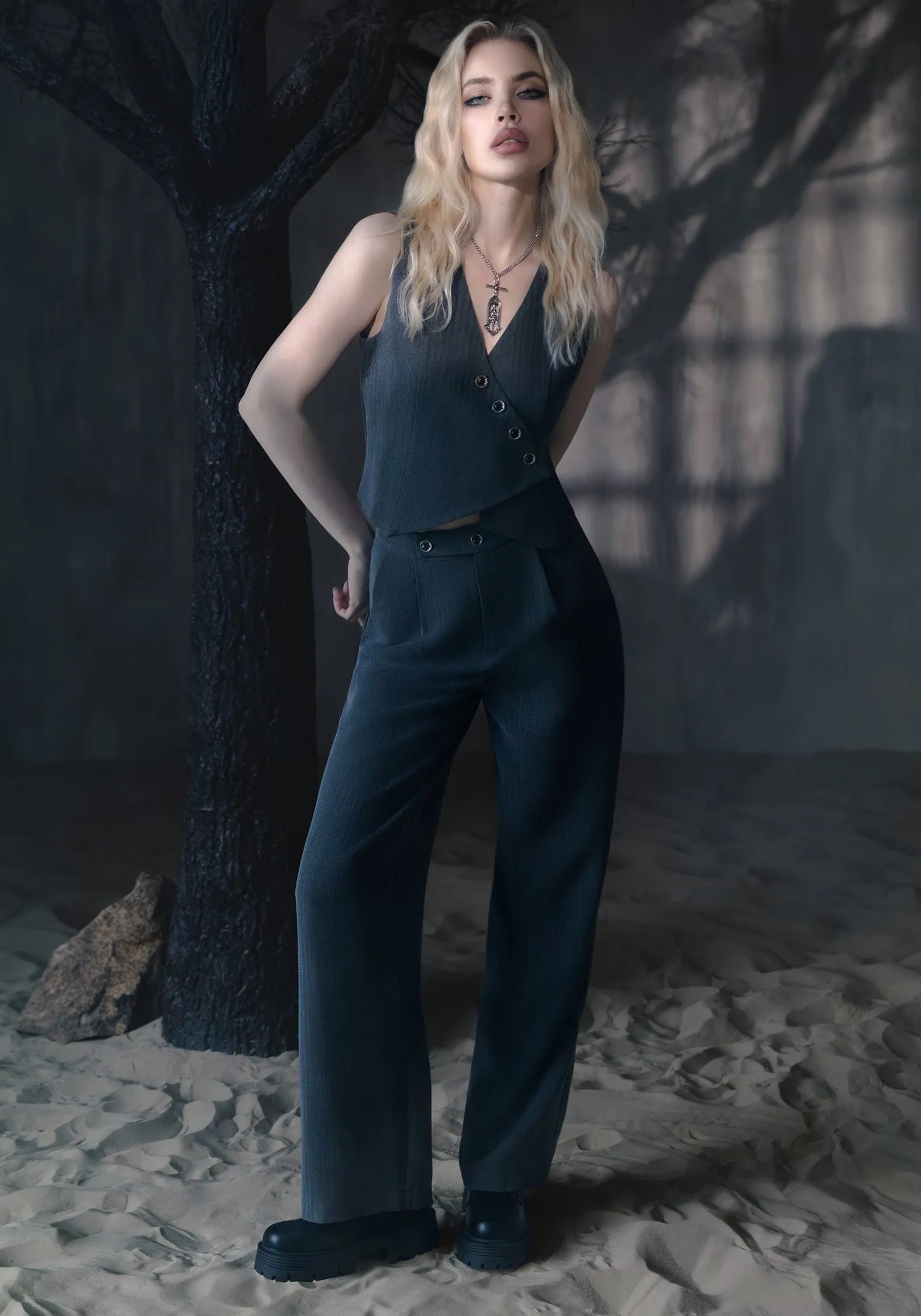 Moonage Herringbone Asymmetric Waistcoat - Grey