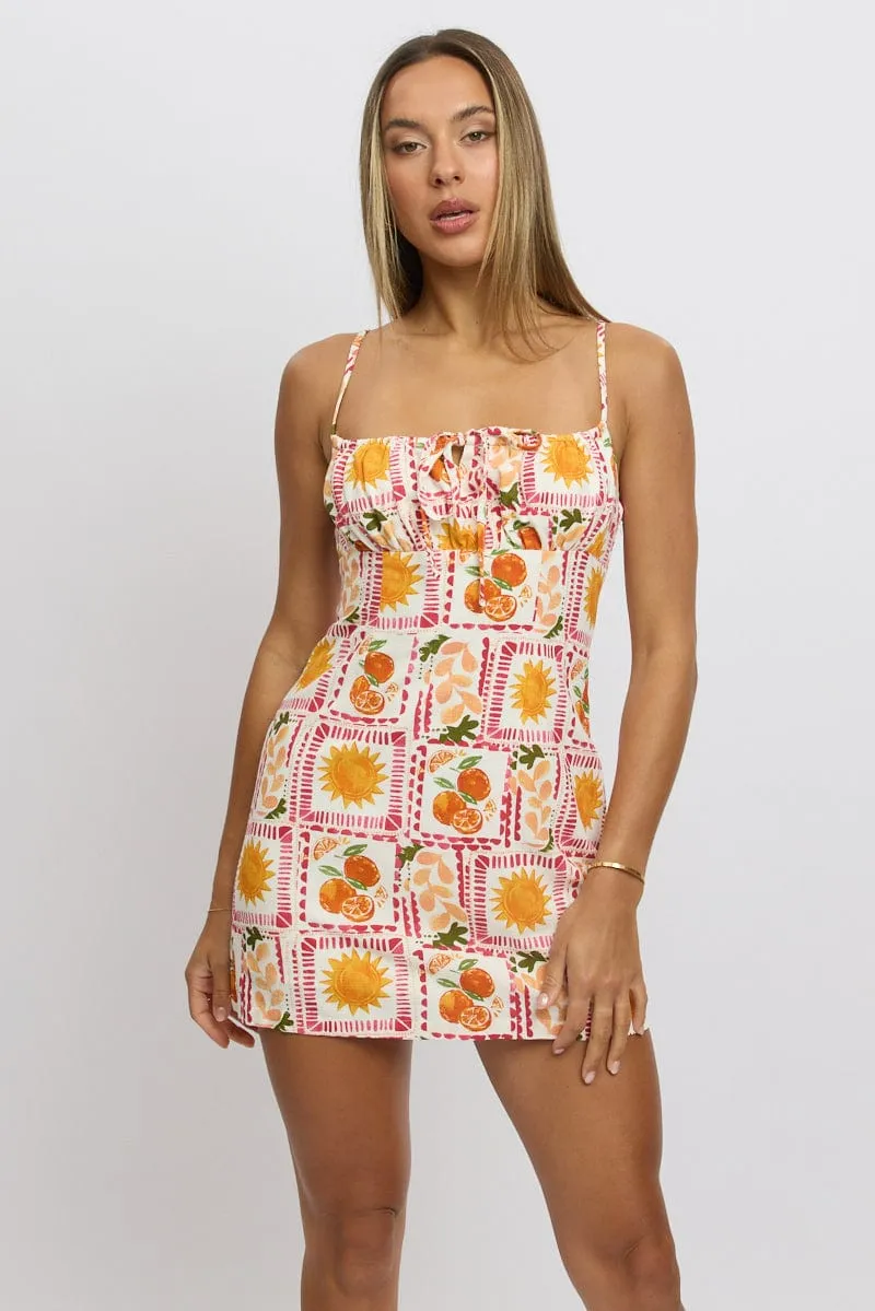 Multi Abstract Mini Dress Ruched Bust