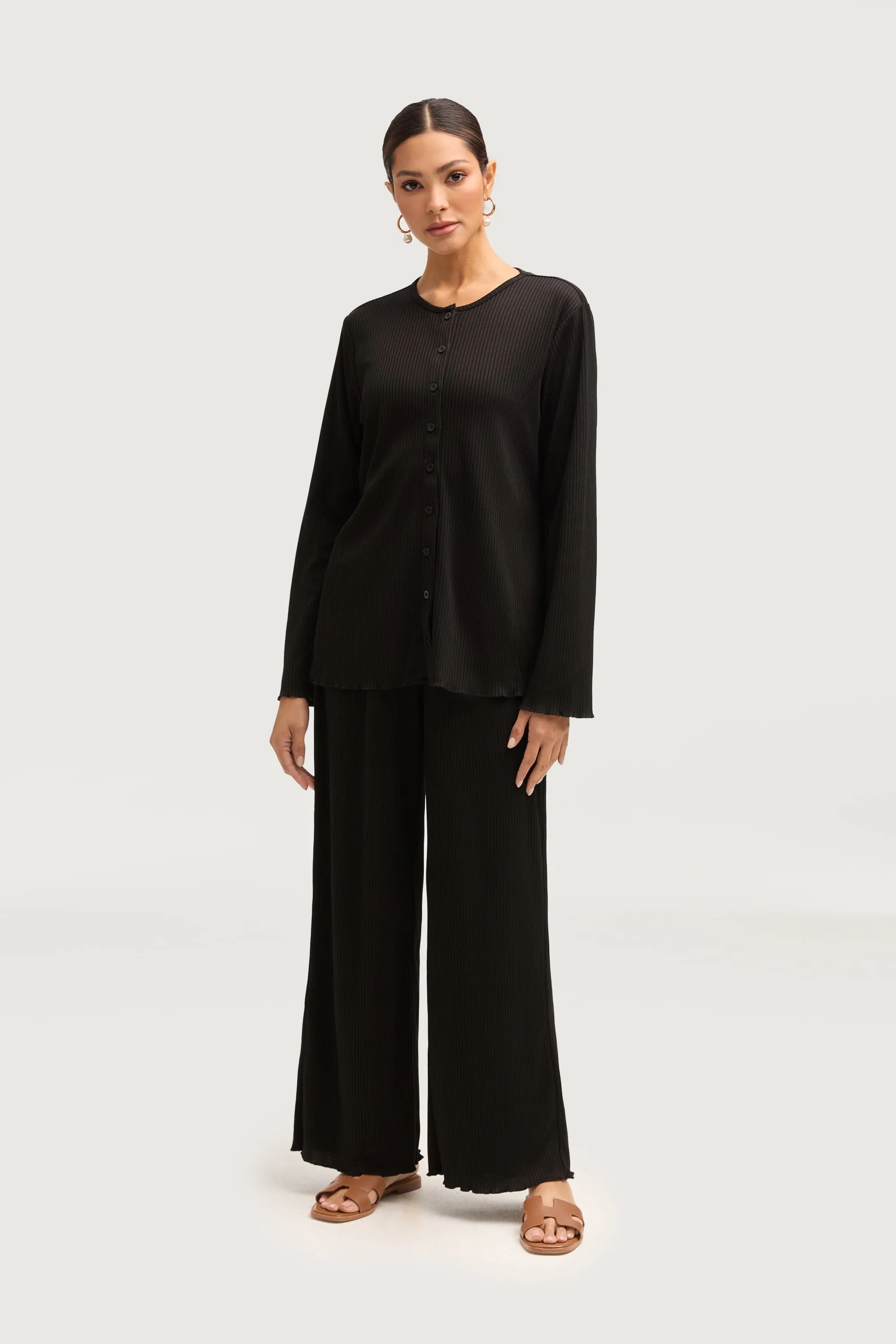 Naeema Ribbed Button Down Top & Pants Matching Set - Black