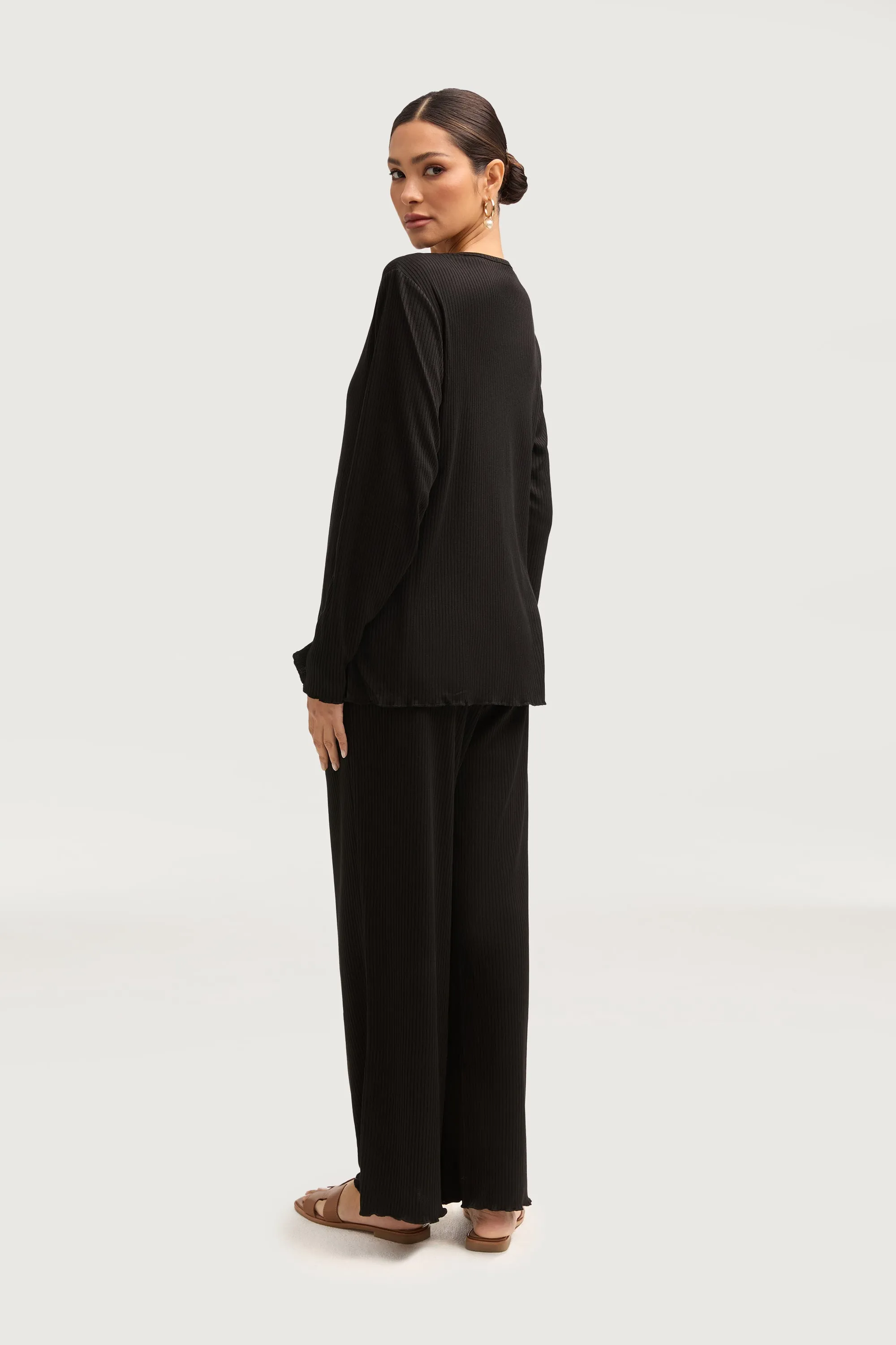 Naeema Ribbed Button Down Top & Pants Matching Set - Black