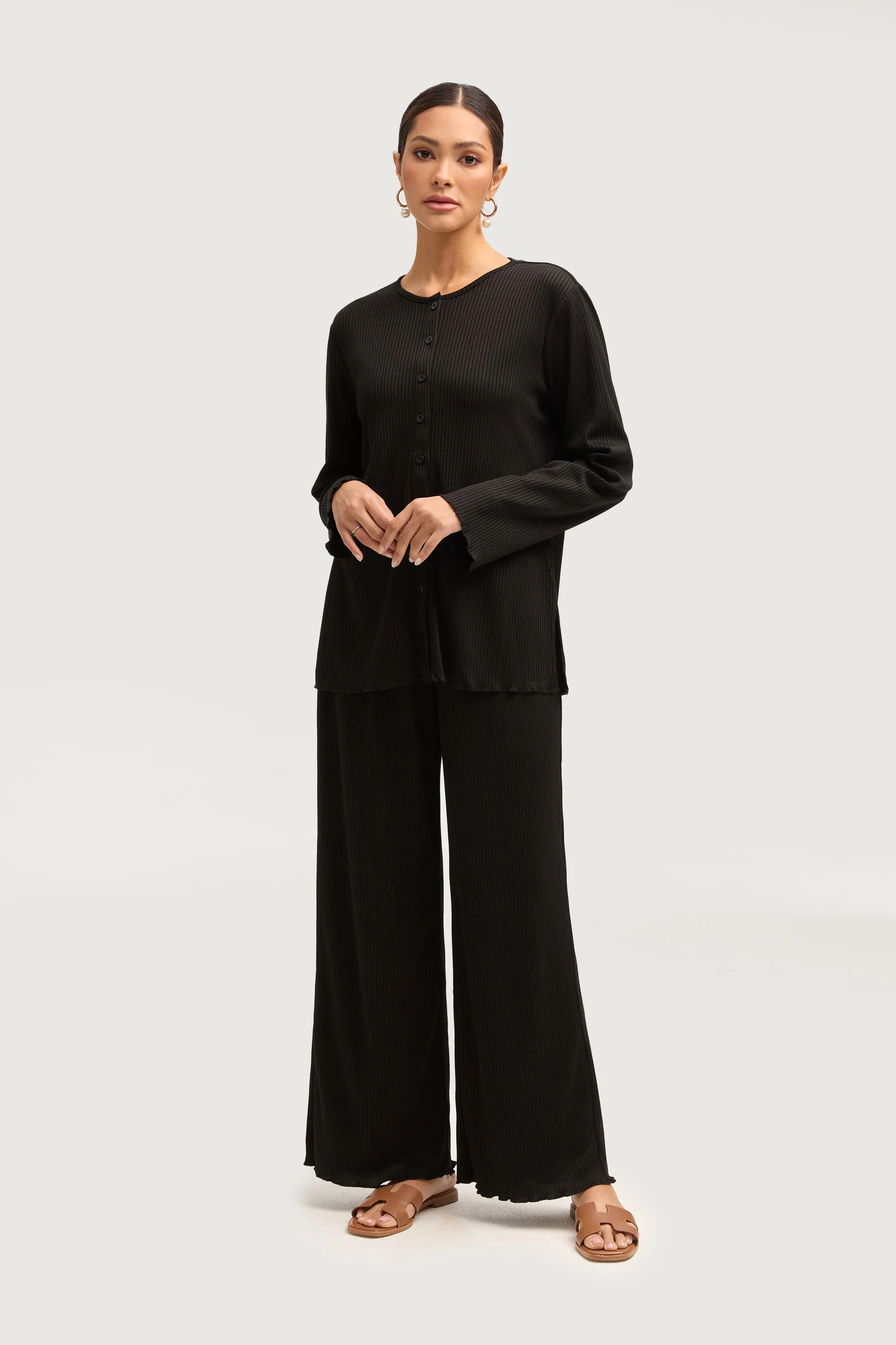 Naeema Ribbed Button Down Top & Pants Matching Set - Black