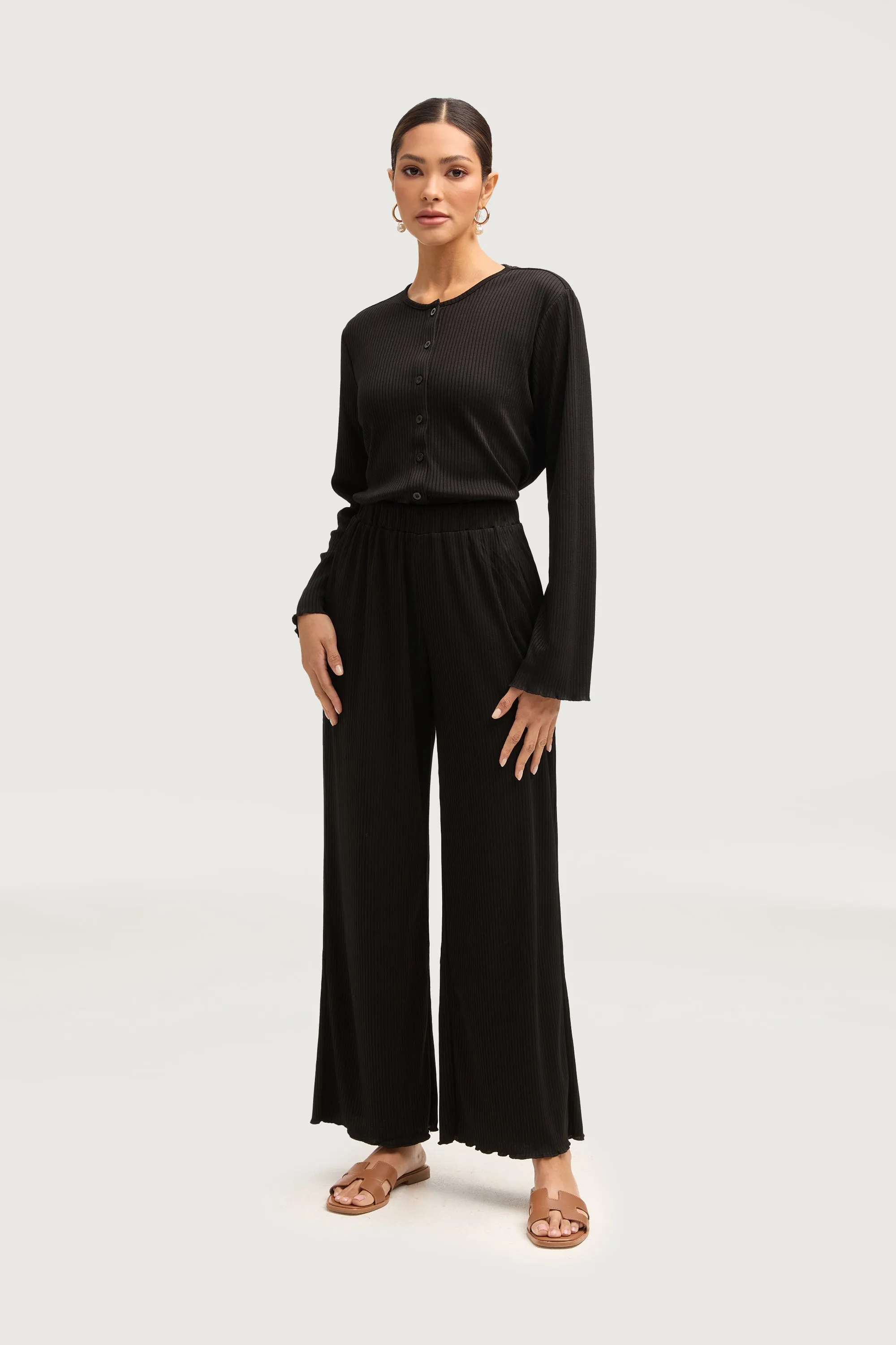 Naeema Ribbed Button Down Top & Pants Matching Set - Black