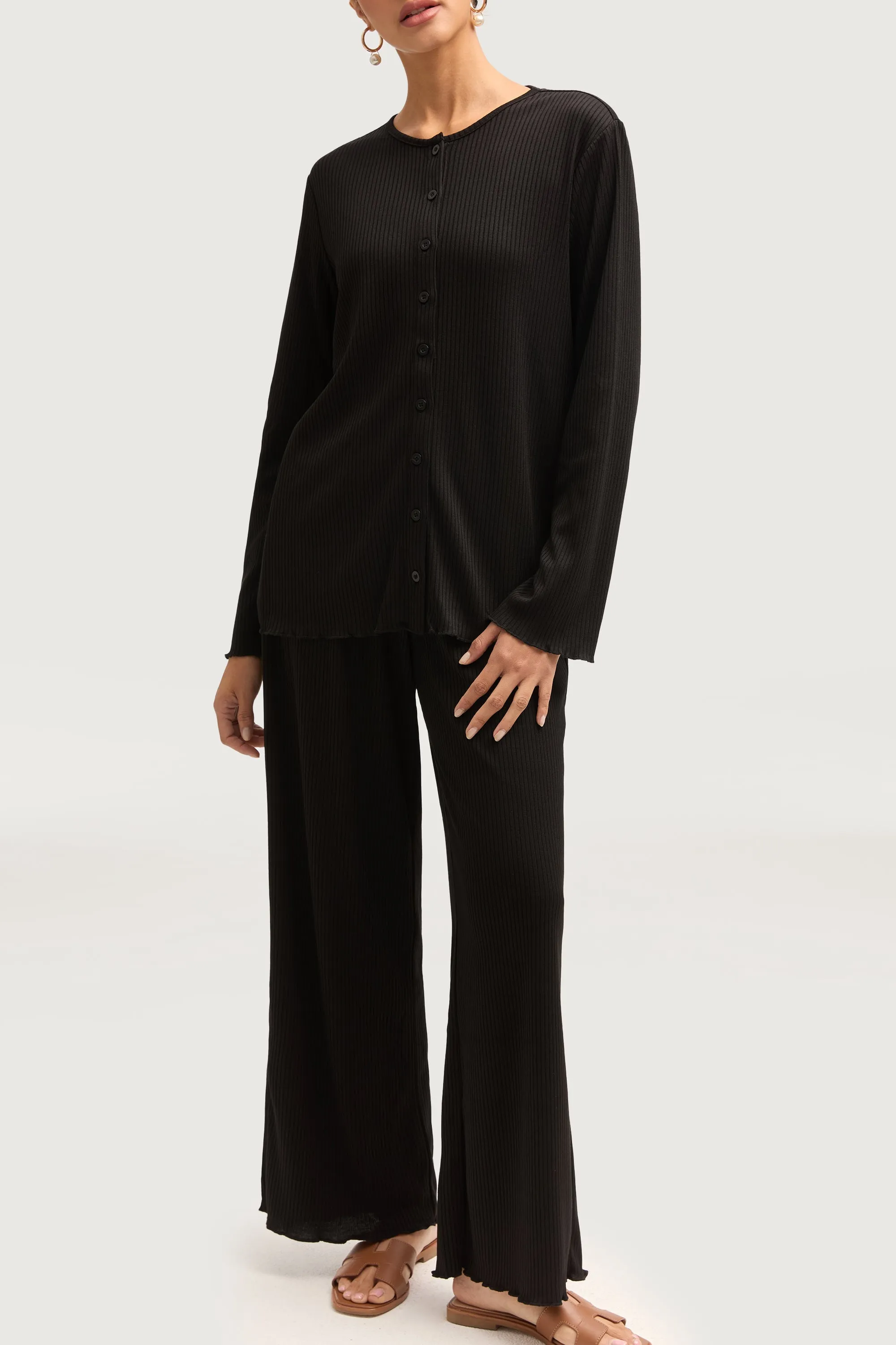 Naeema Ribbed Button Down Top & Pants Matching Set - Black