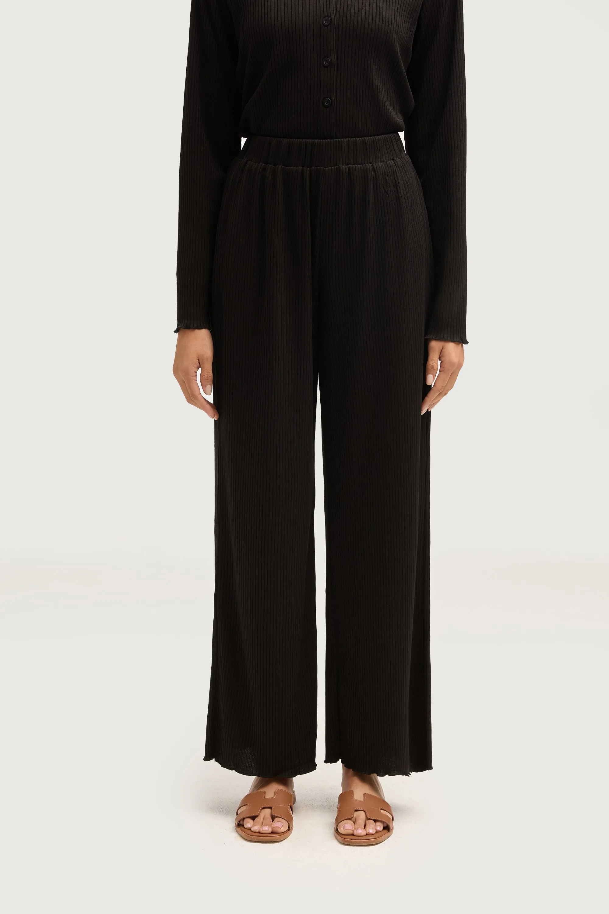 Naeema Ribbed Button Down Top & Pants Matching Set - Black