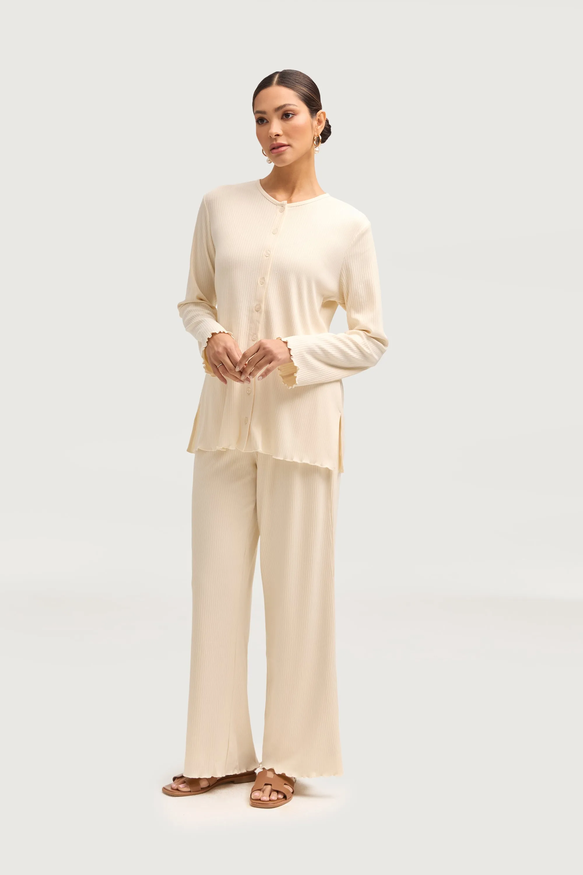 Naeema Ribbed Button Down Top & Pants Matching Set - Off White