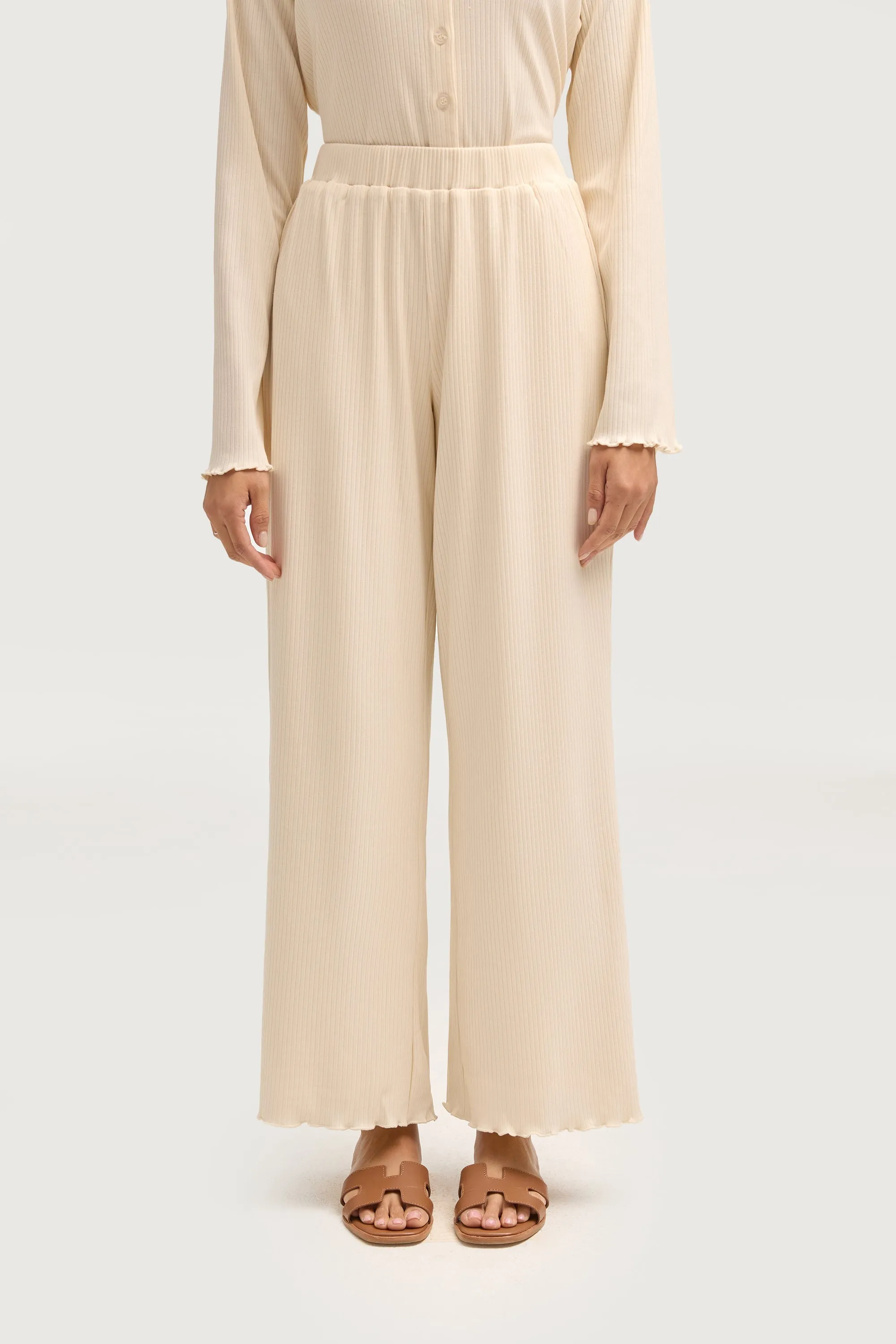 Naeema Ribbed Button Down Top & Pants Matching Set - Off White