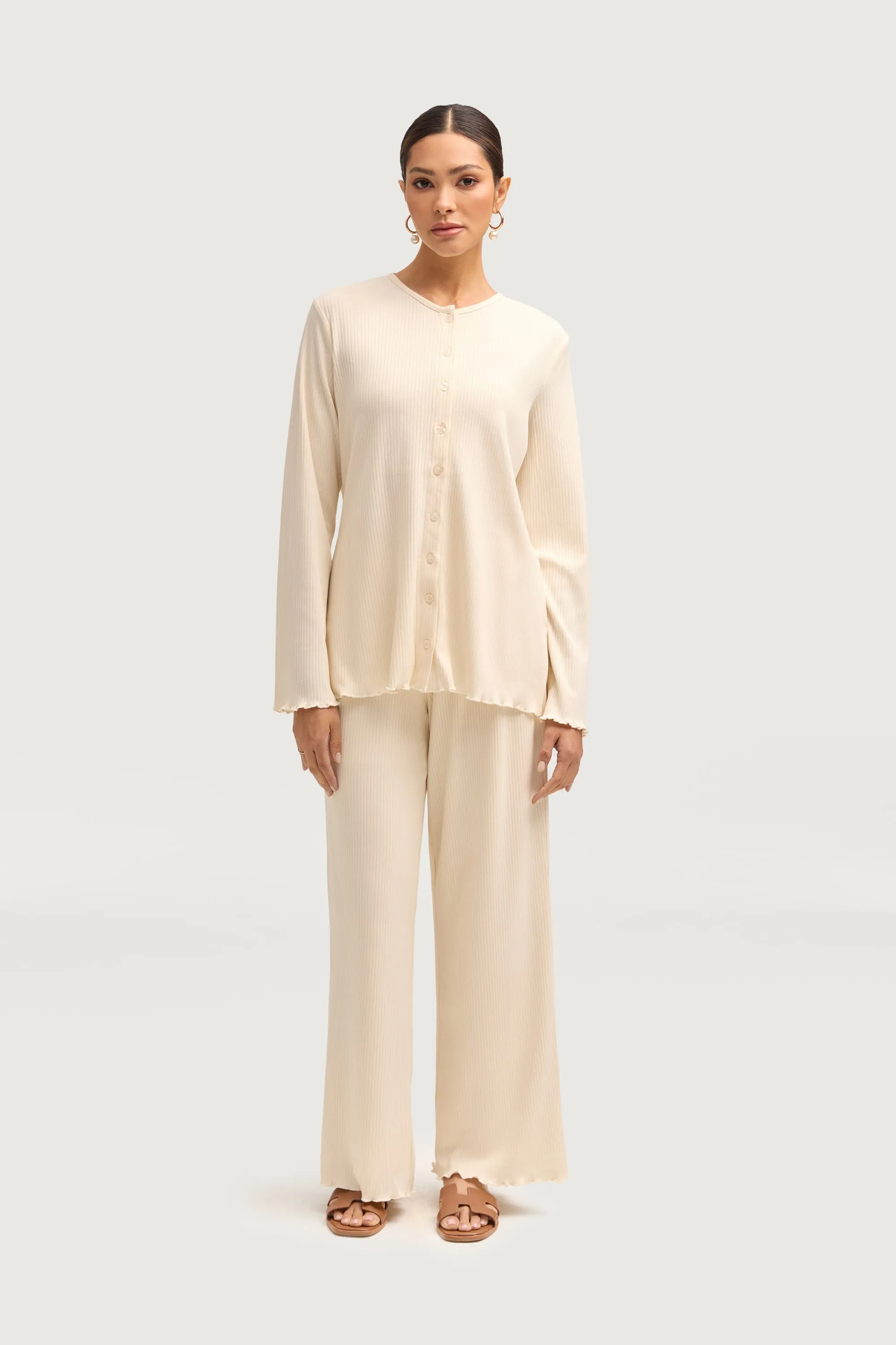 Naeema Ribbed Button Down Top & Pants Matching Set - Off White