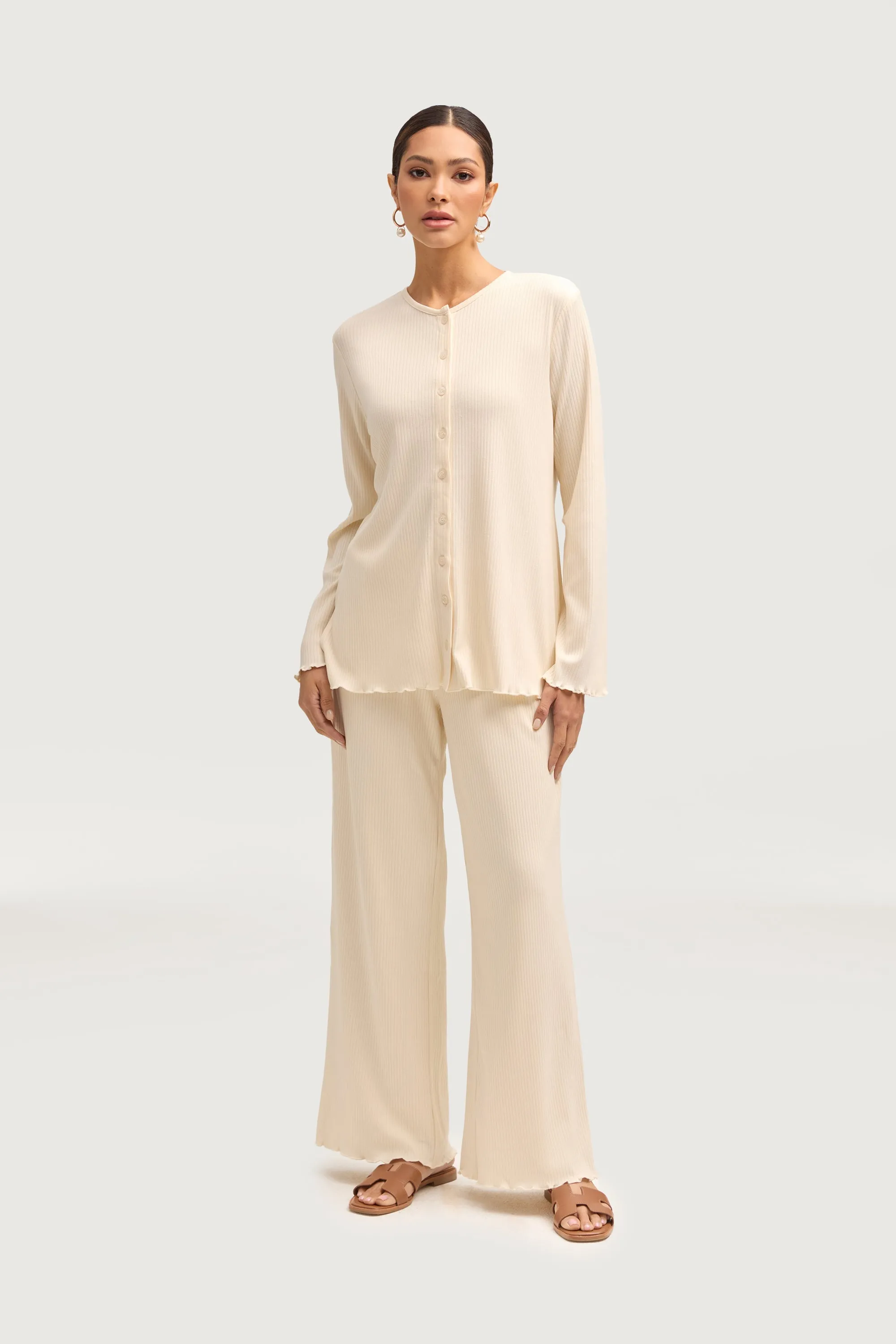 Naeema Ribbed Button Down Top & Pants Matching Set - Off White
