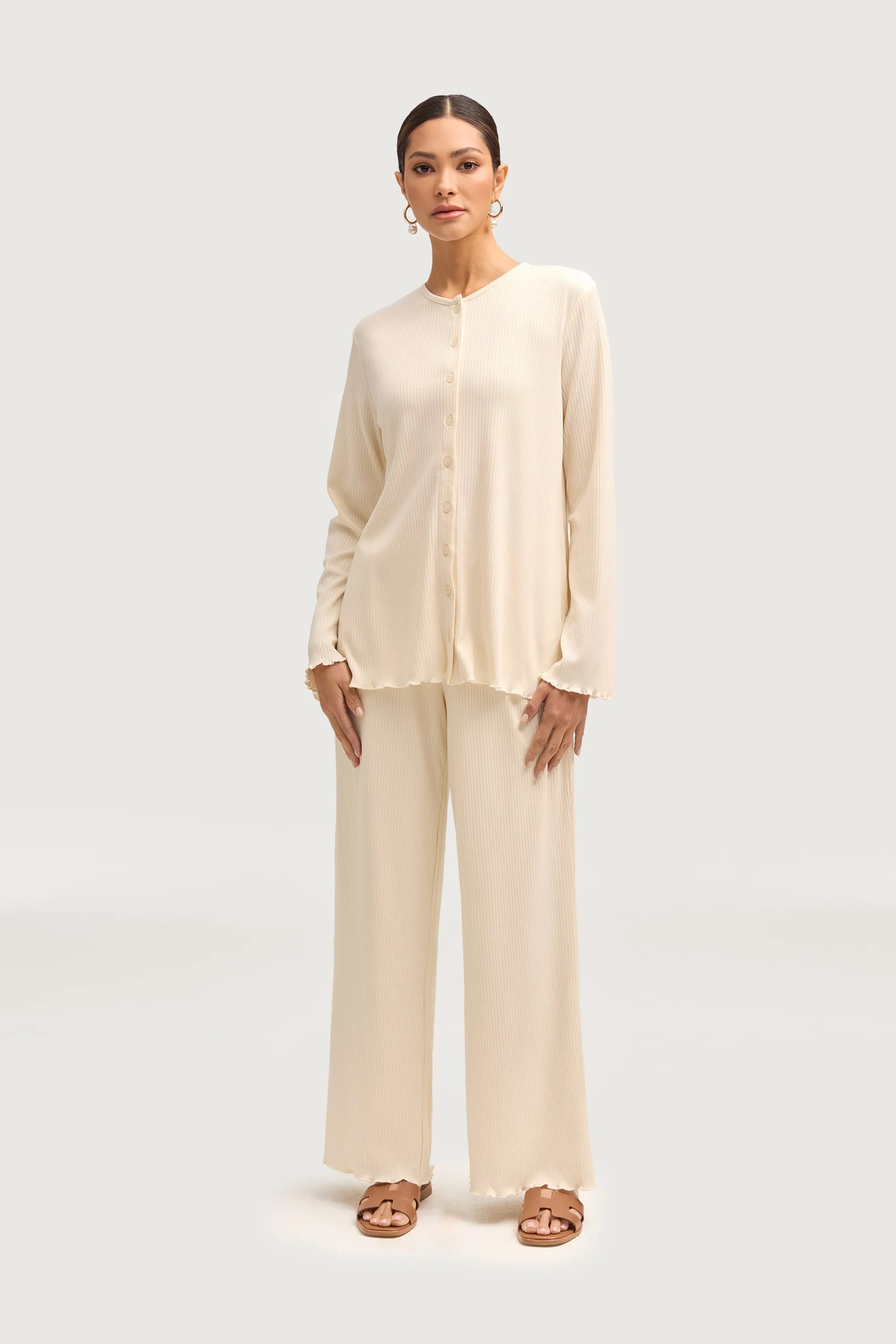 Naeema Ribbed Button Down Top & Pants Matching Set - Off White