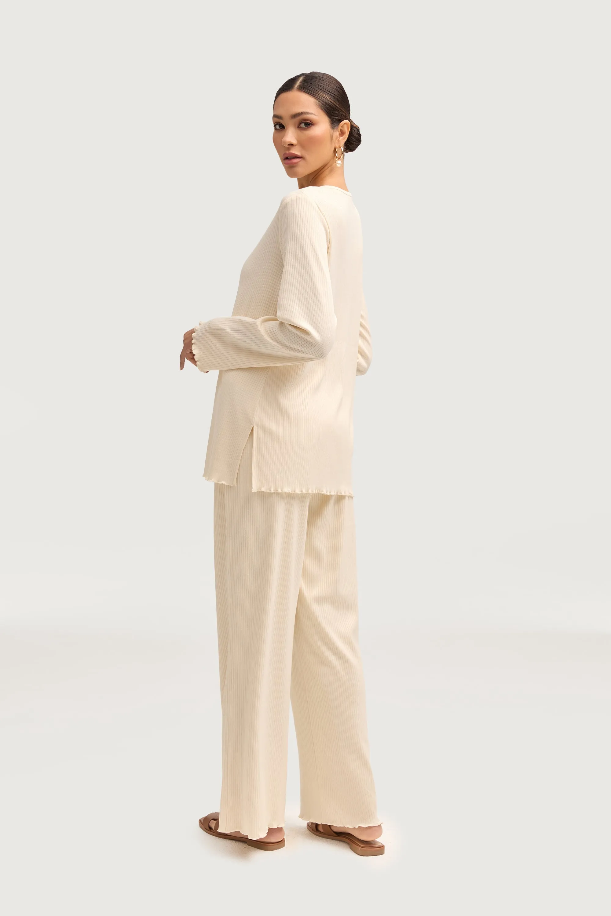 Naeema Ribbed Button Down Top & Pants Matching Set - Off White