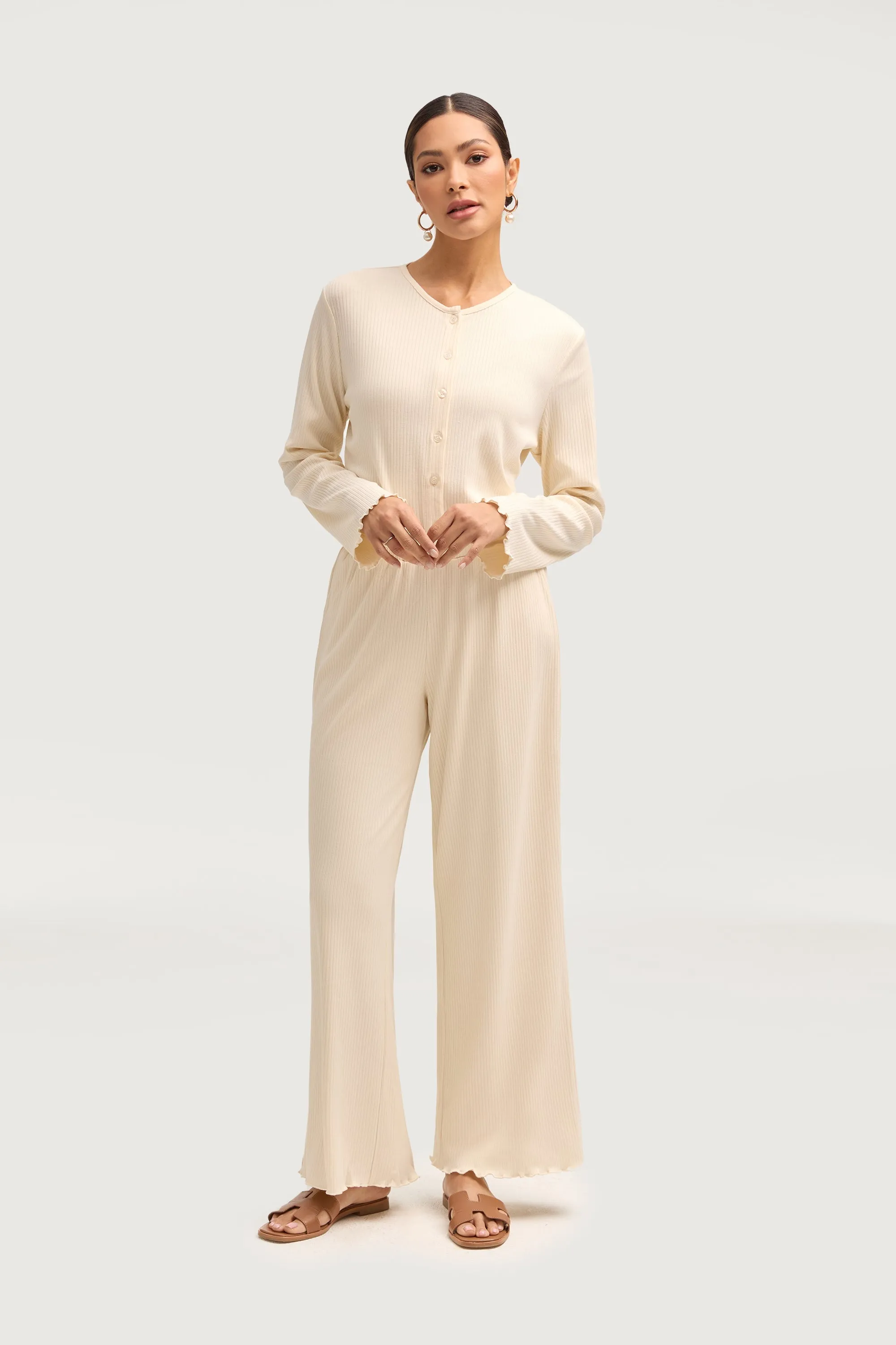 Naeema Ribbed Button Down Top & Pants Matching Set - Off White