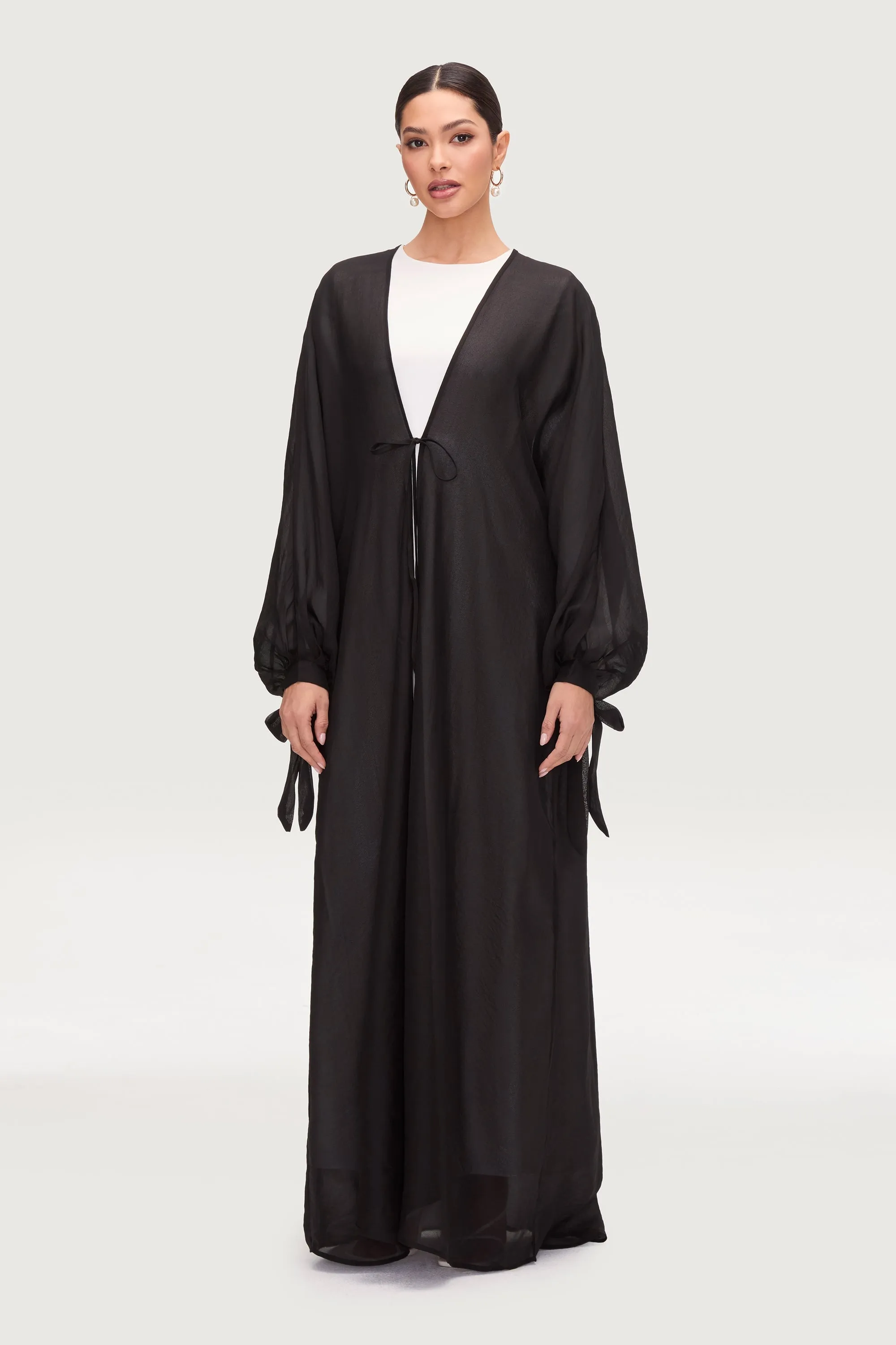 Naima Tie Front Open Abaya - Black