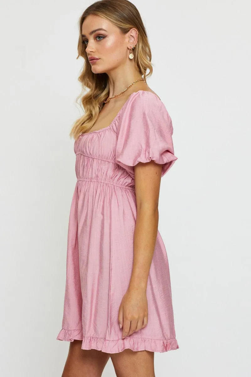 Pink Mini Dress Short Sleeve Evening