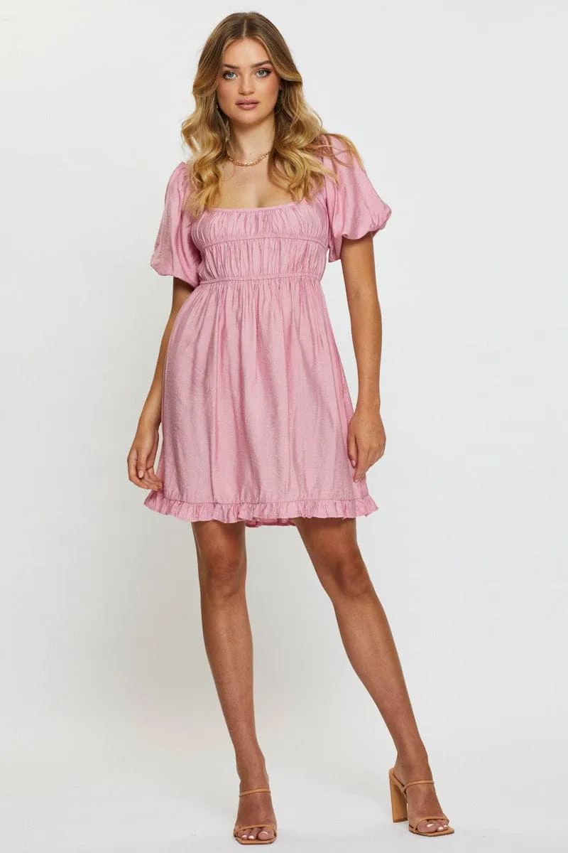 Pink Mini Dress Short Sleeve Evening