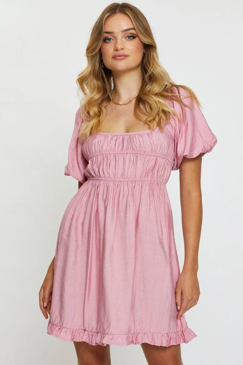 Pink Mini Dress Short Sleeve Evening