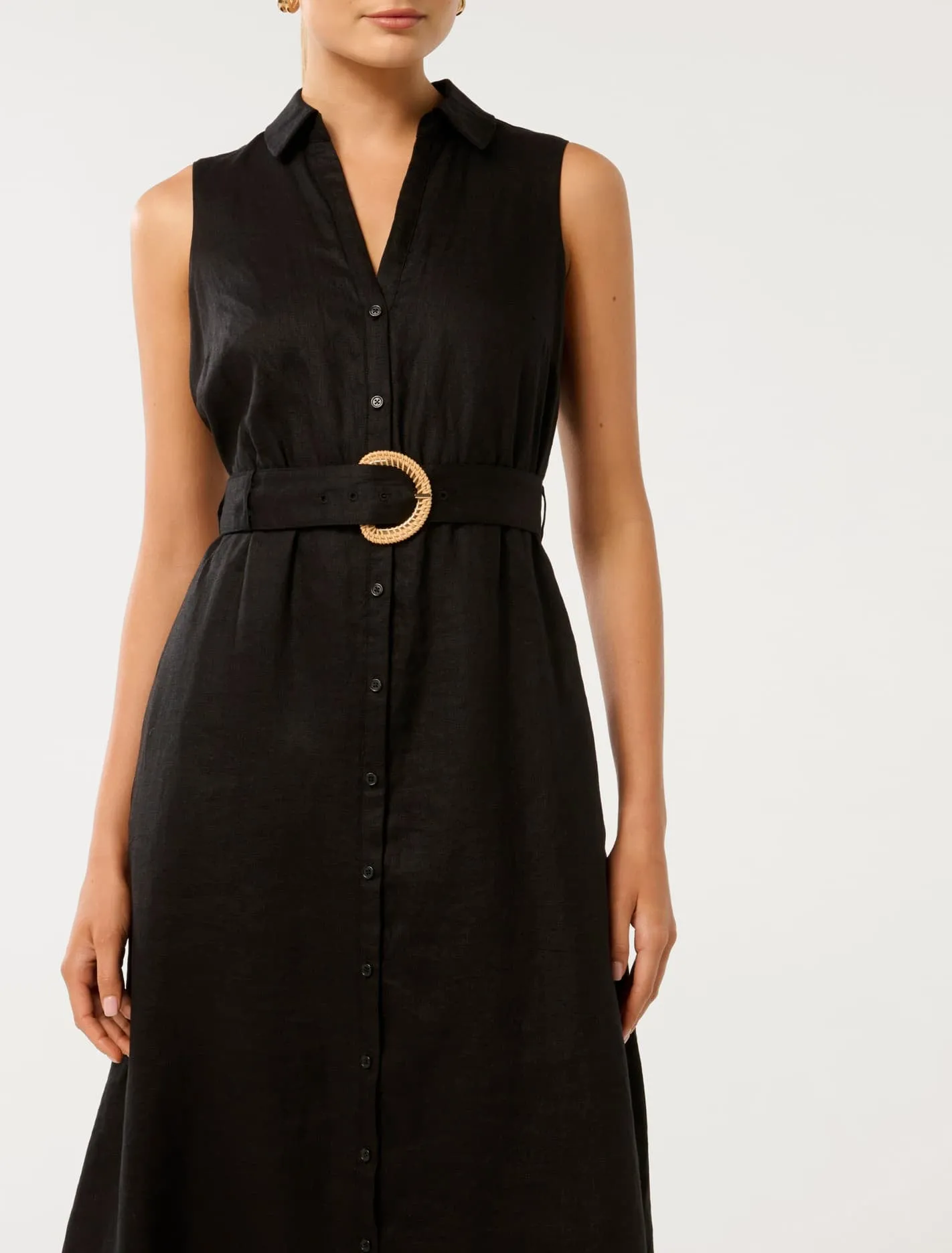 Pippa Collared Button Front Linen Midi Dress