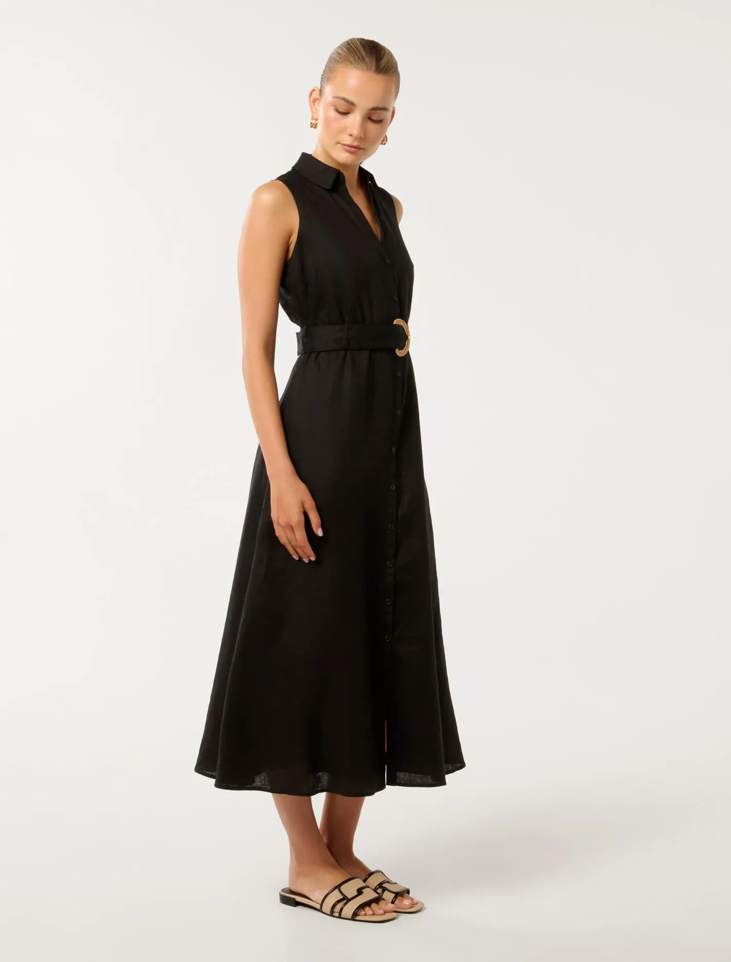Pippa Collared Button Front Linen Midi Dress