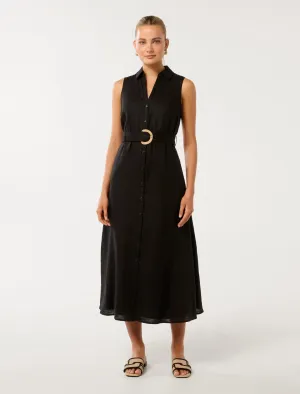 Pippa Collared Button Front Linen Midi Dress