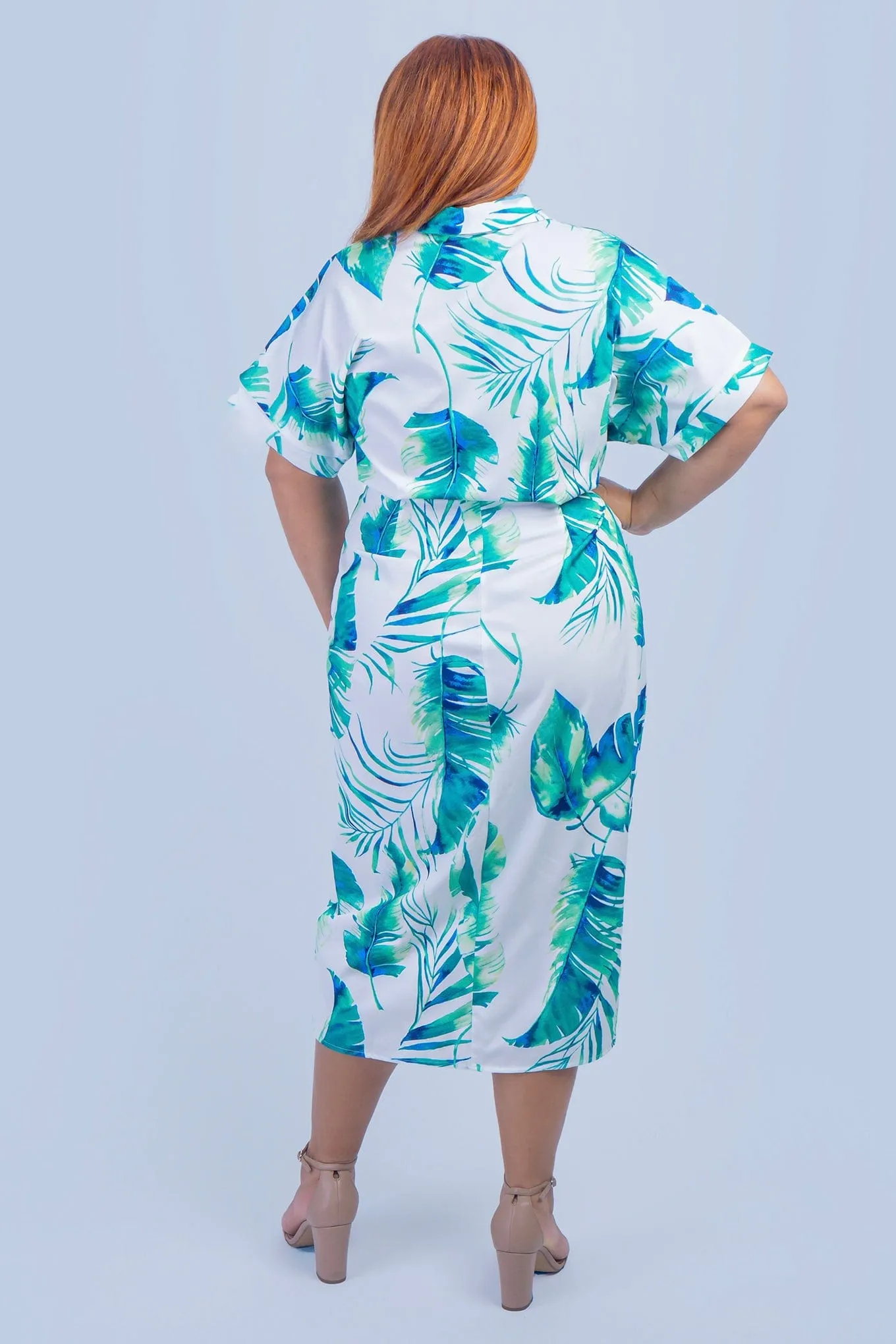 Plus Green Palm Leaf Drape Shirt Dress