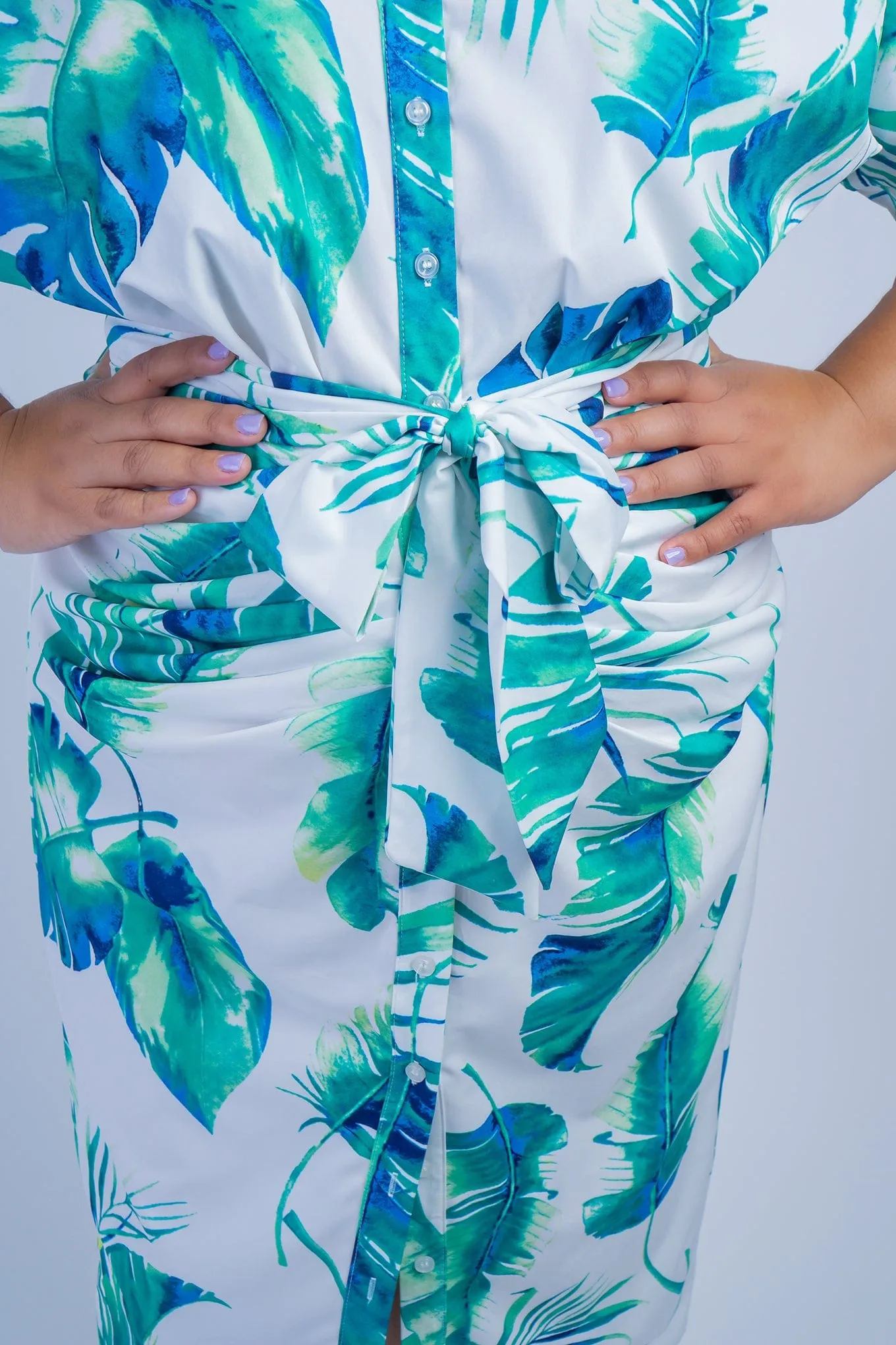 Plus Green Palm Leaf Drape Shirt Dress