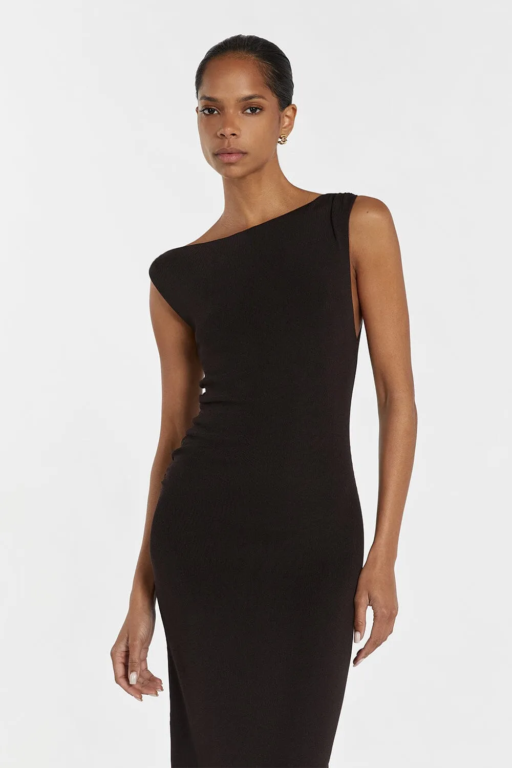 POPPY BITTER CHOC ASYM MIDI DRESS
