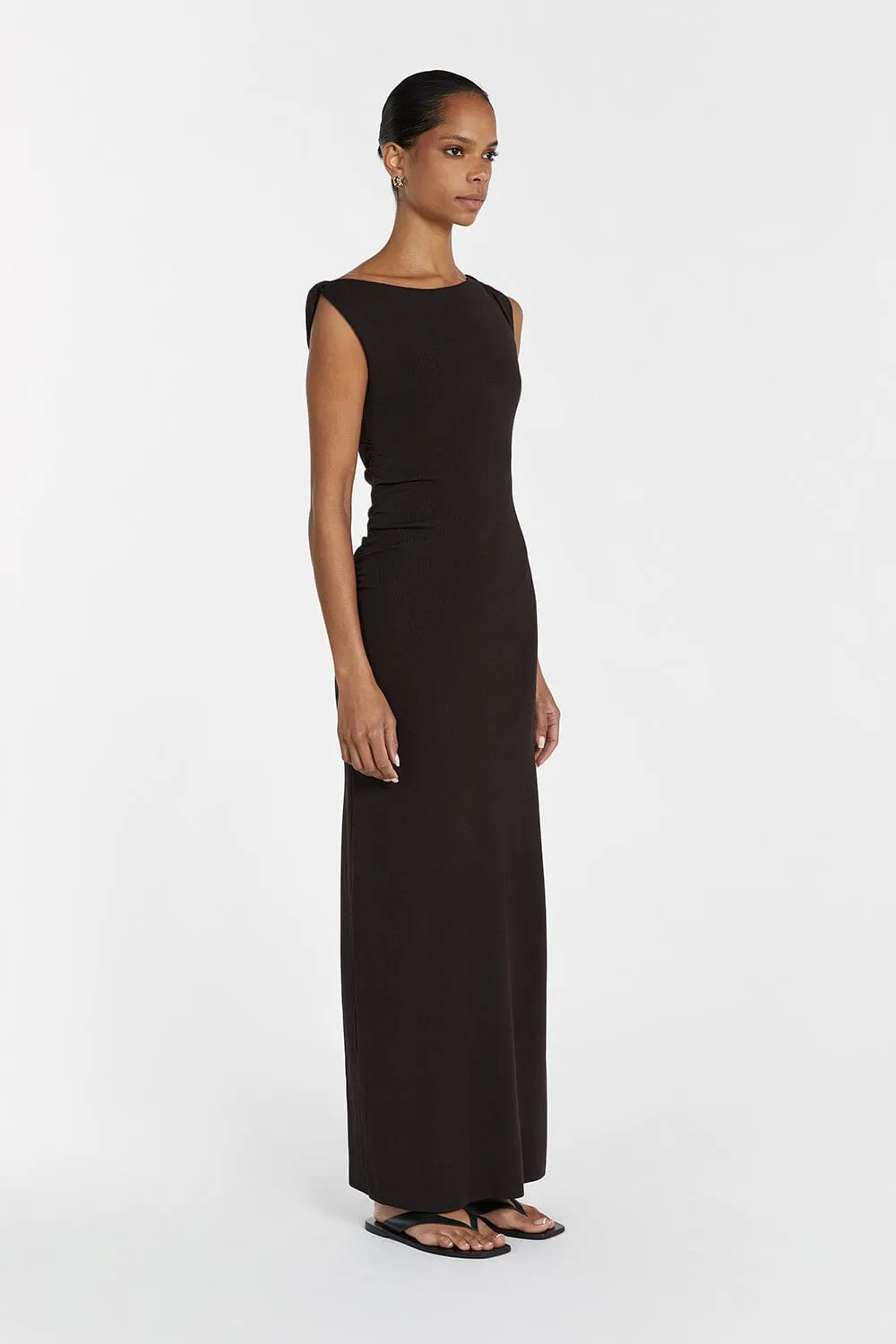 POPPY BITTER CHOC ASYM MIDI DRESS