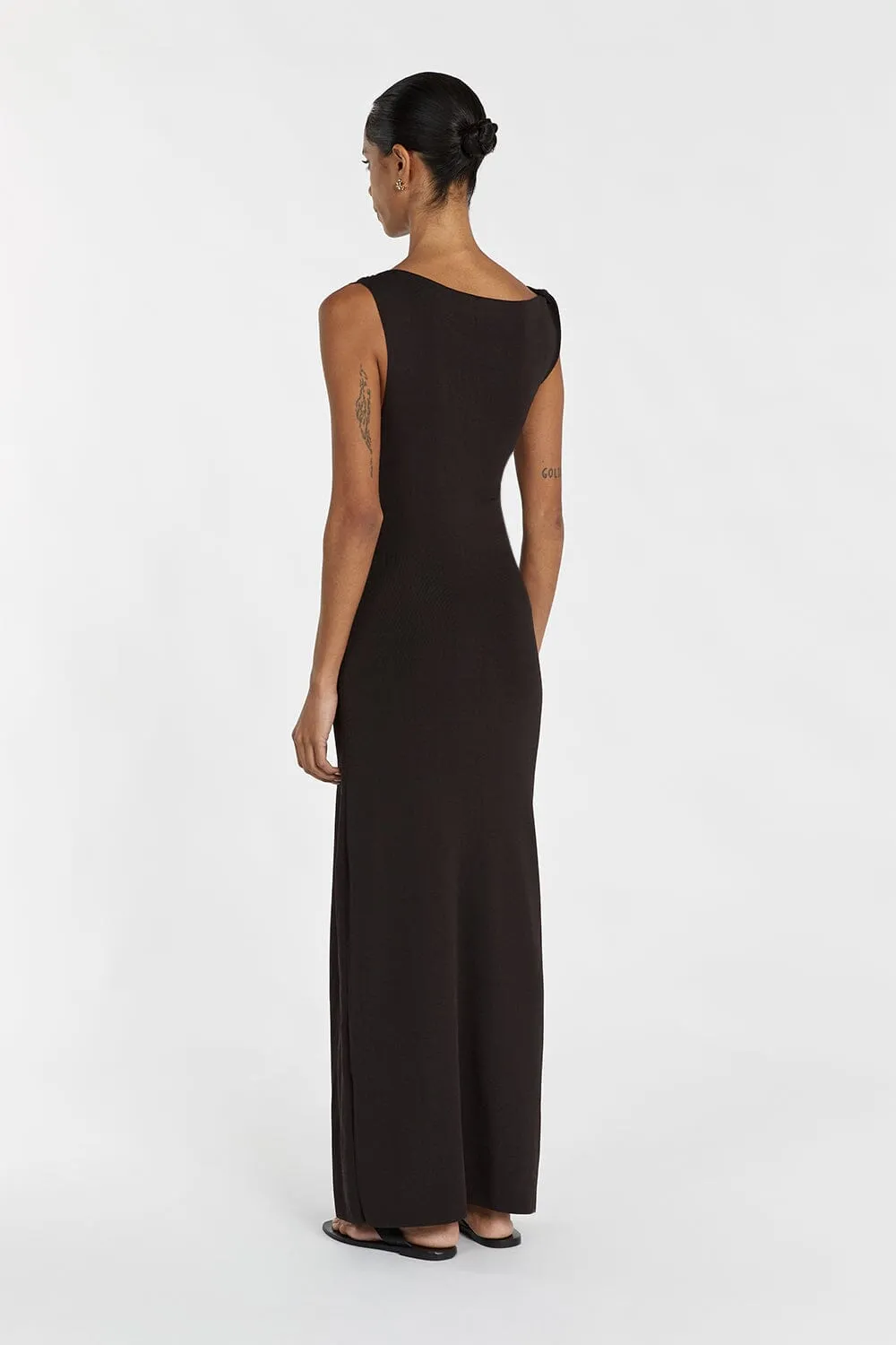 POPPY BITTER CHOC ASYM MIDI DRESS