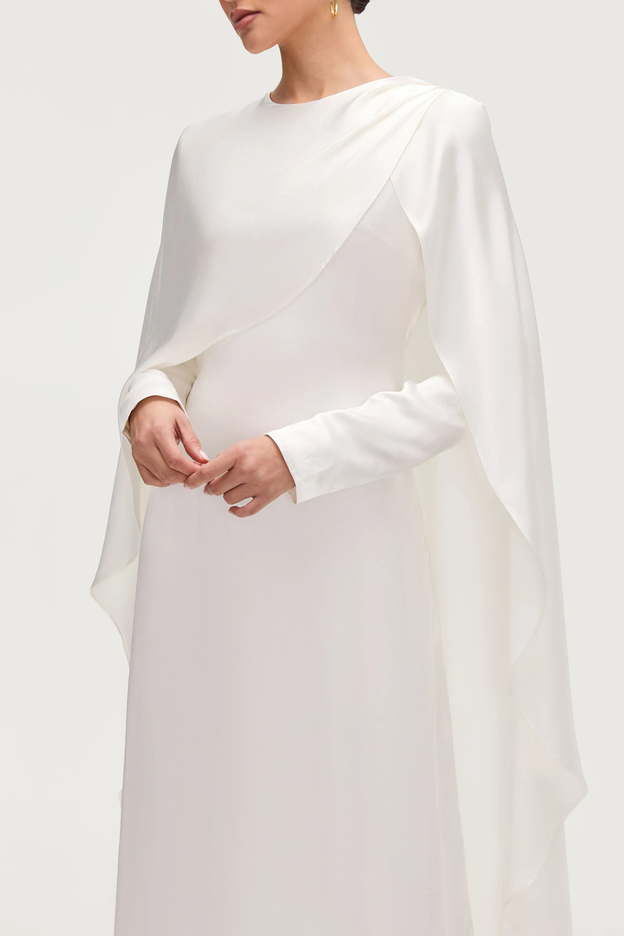 Raneem Silk Asymmetric Cape Dress - White