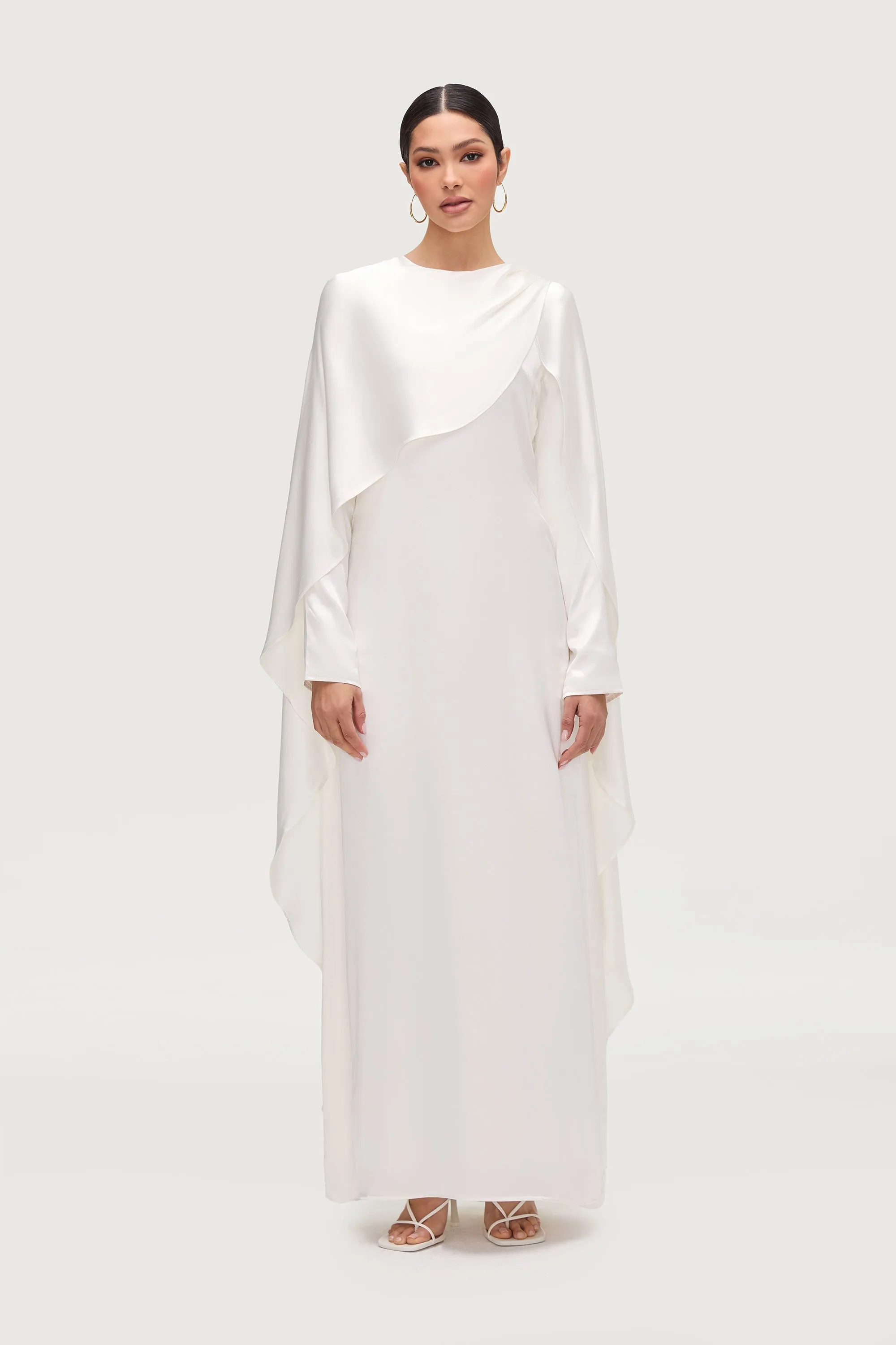 Raneem Silk Asymmetric Cape Dress - White