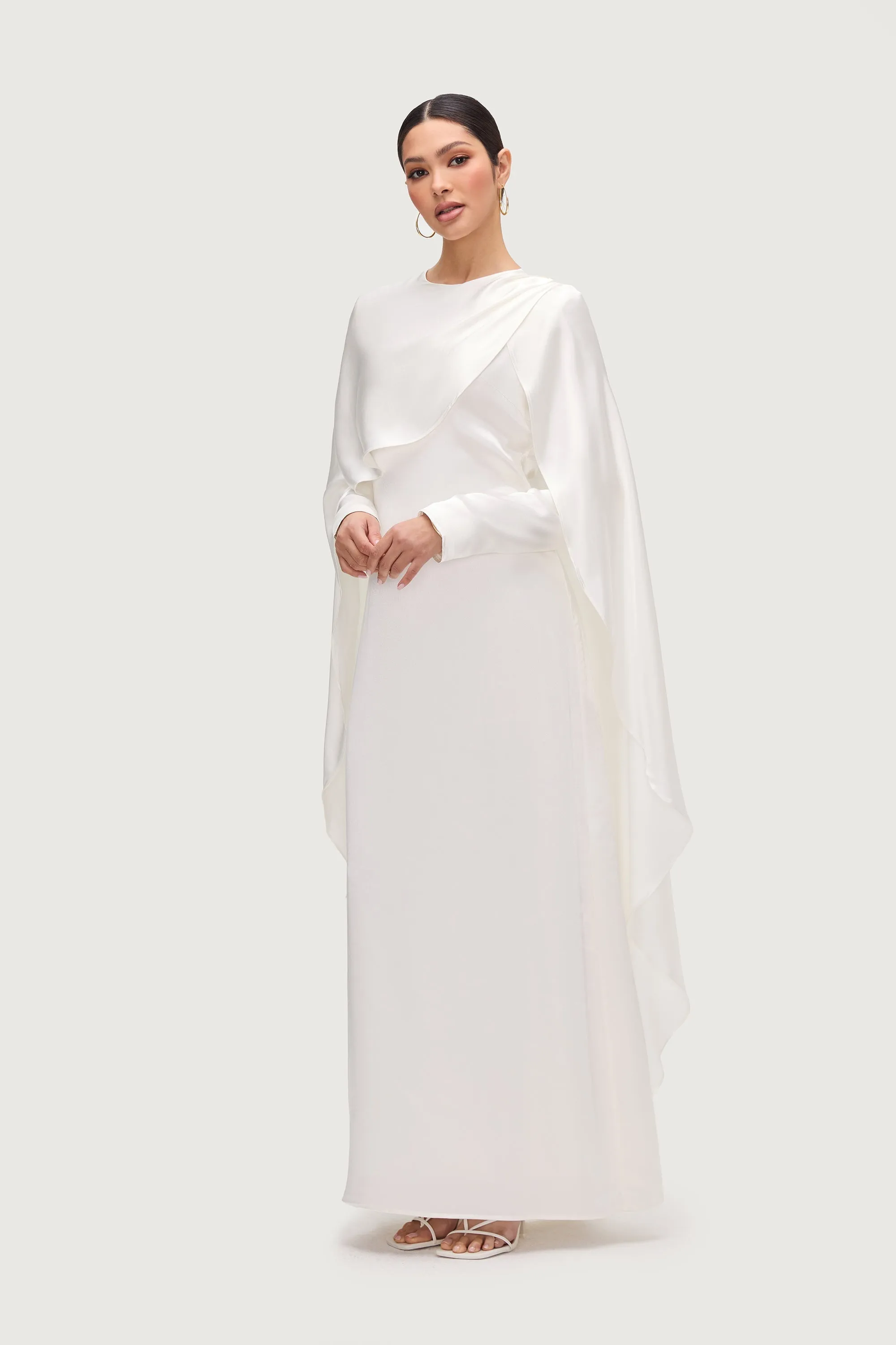 Raneem Silk Asymmetric Cape Dress - White