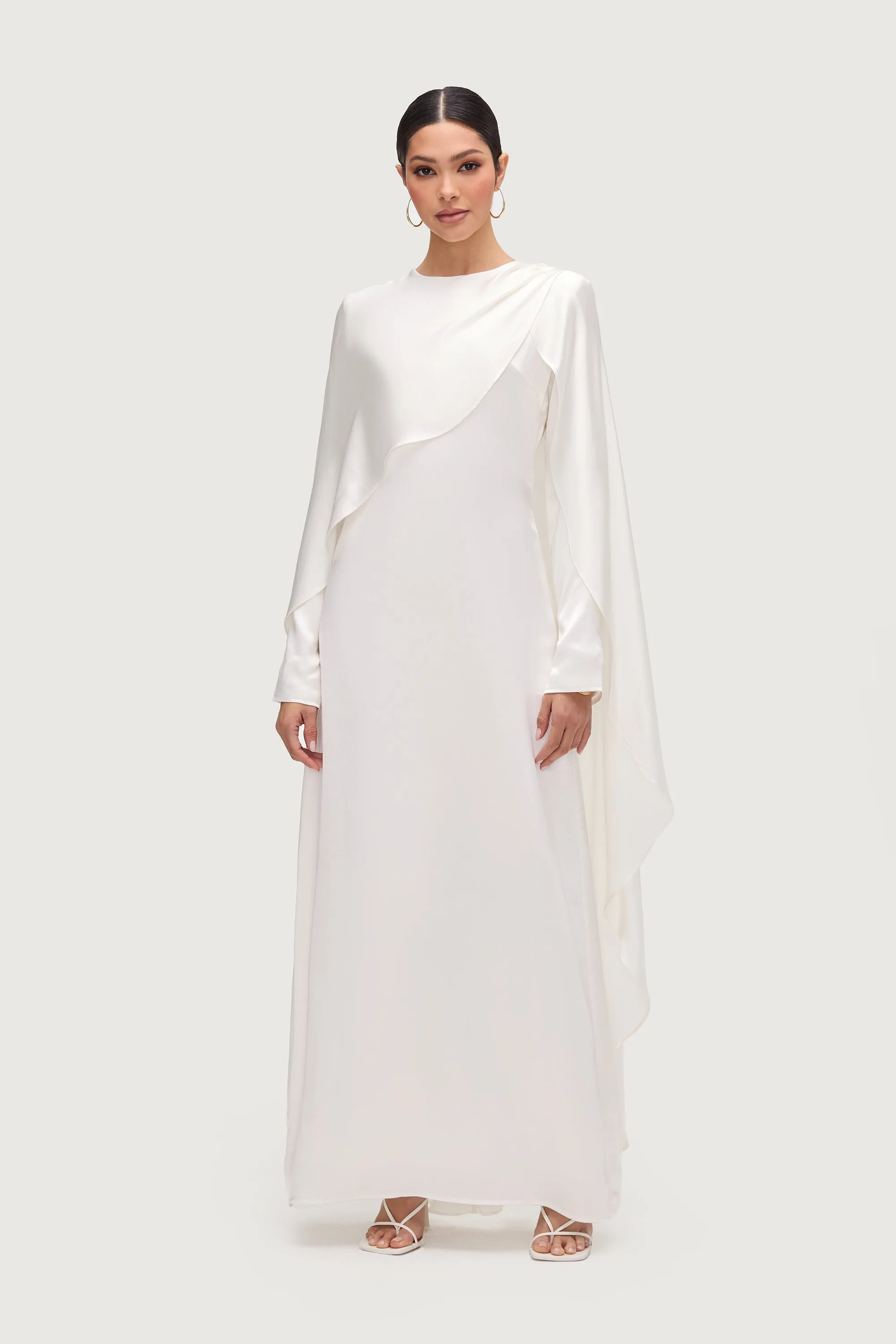 Raneem Silk Asymmetric Cape Dress - White