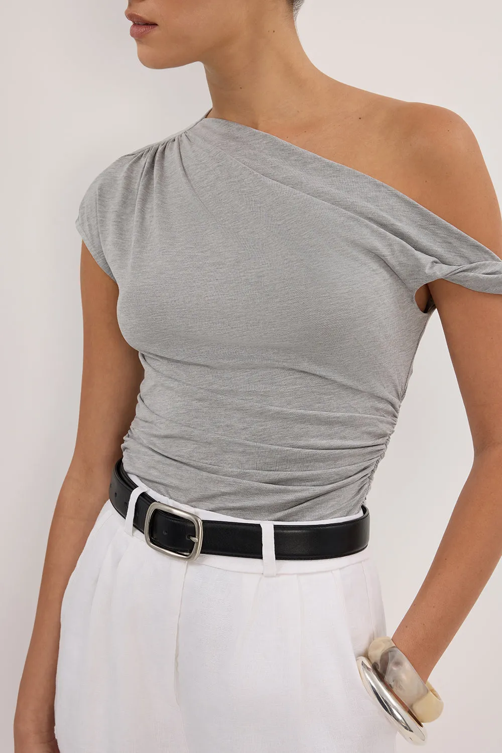RIO SILVER MARLE DRAPED TWIST KNIT TOP