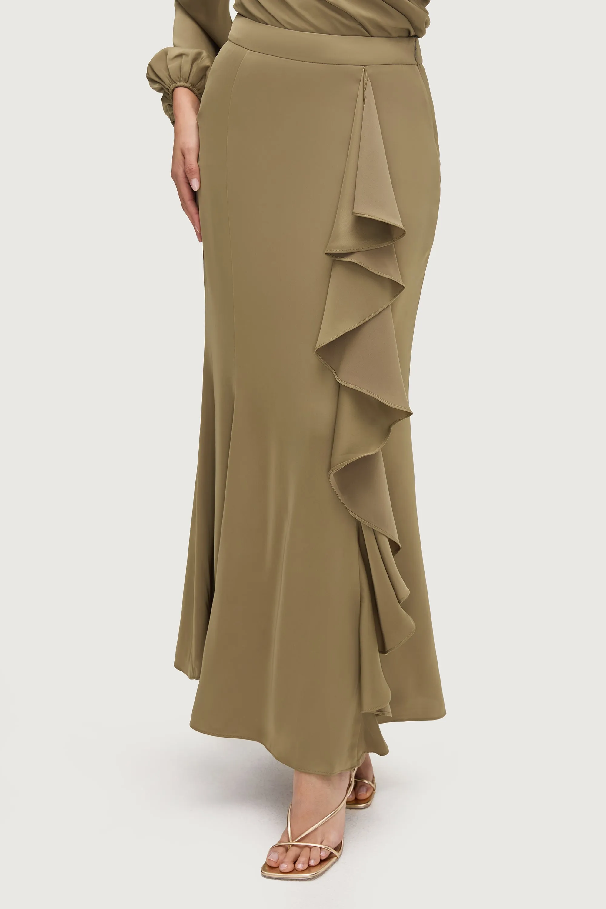Satin Asymmetric Waterfall Maxi Skirt - Desert Palm